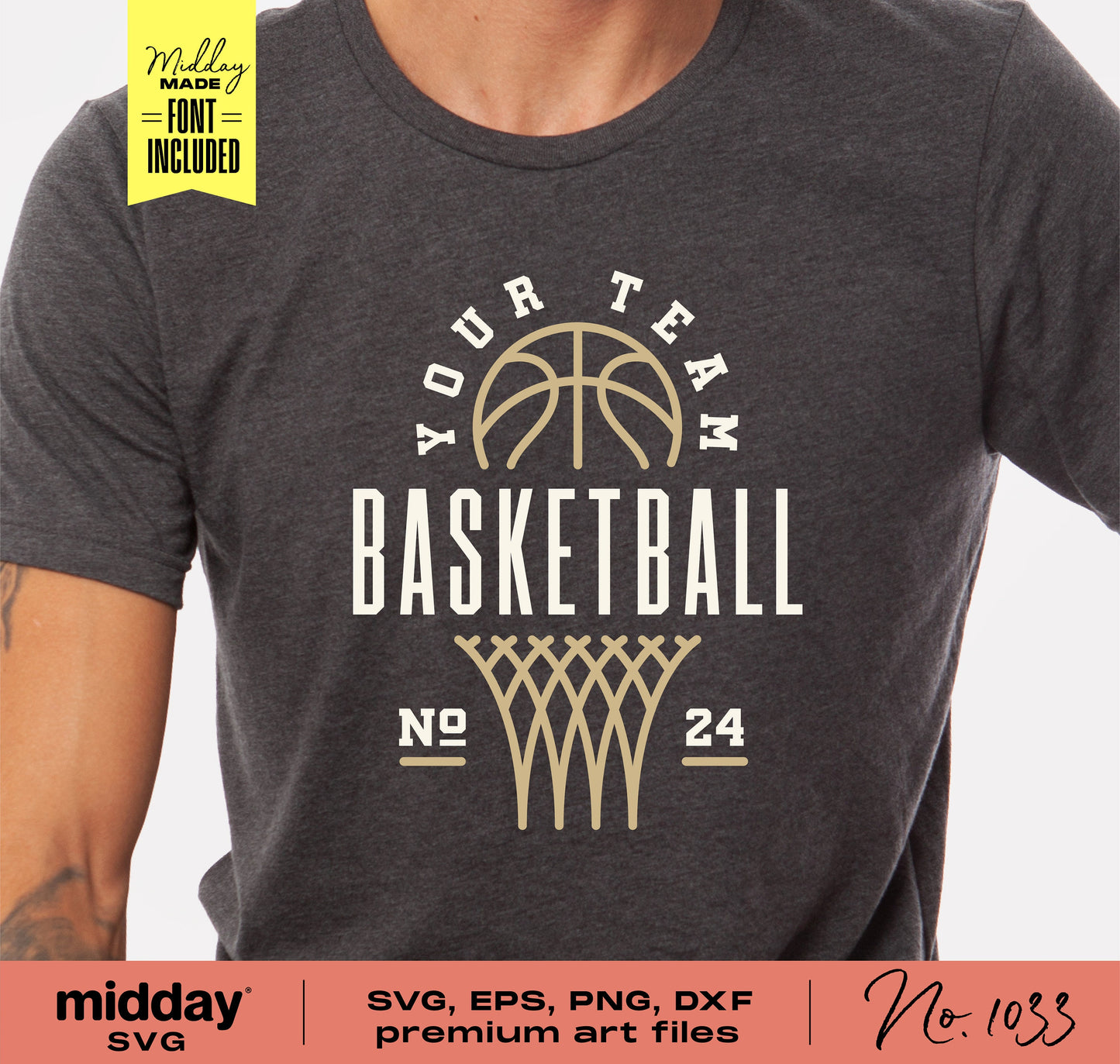 Person wearing a T-shirt featuring basketball graphic design with "Your Team" text, customizable SVG, EPS, PNG, DXF files with font included.