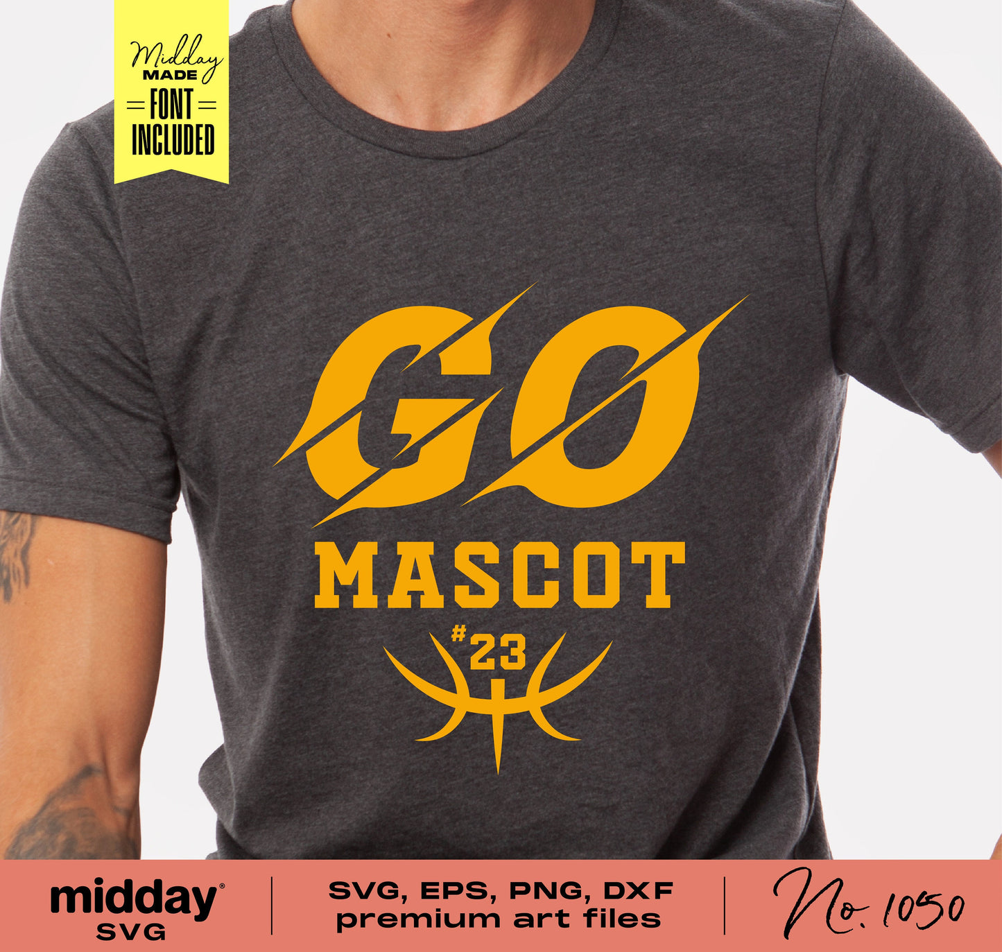 Gray shirt featuring 'Go Mascot' in yellow, basketball-themed SVG, PNG, DXF file design with font included, sports team DIY template.