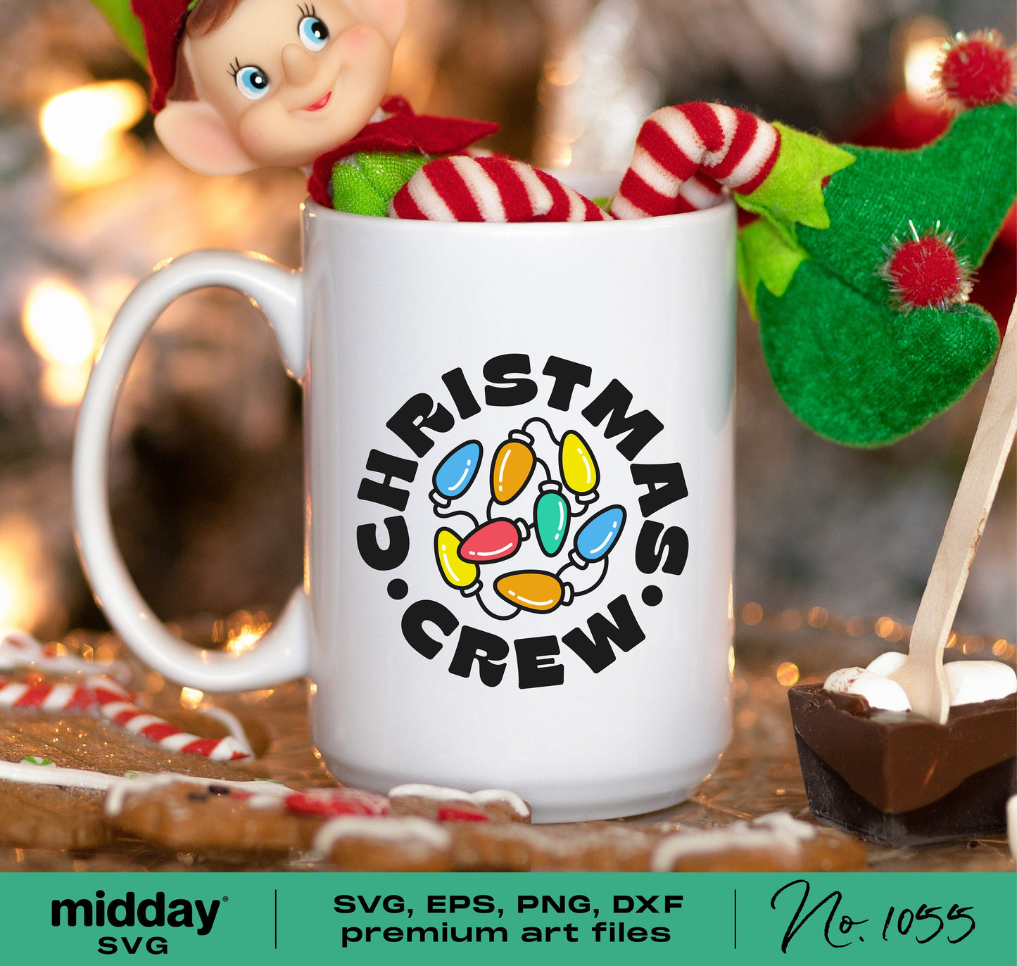 White coffee mug with 'Christmas Crew' and colorful lights design, featuring a festive elf decoration and holiday treats.