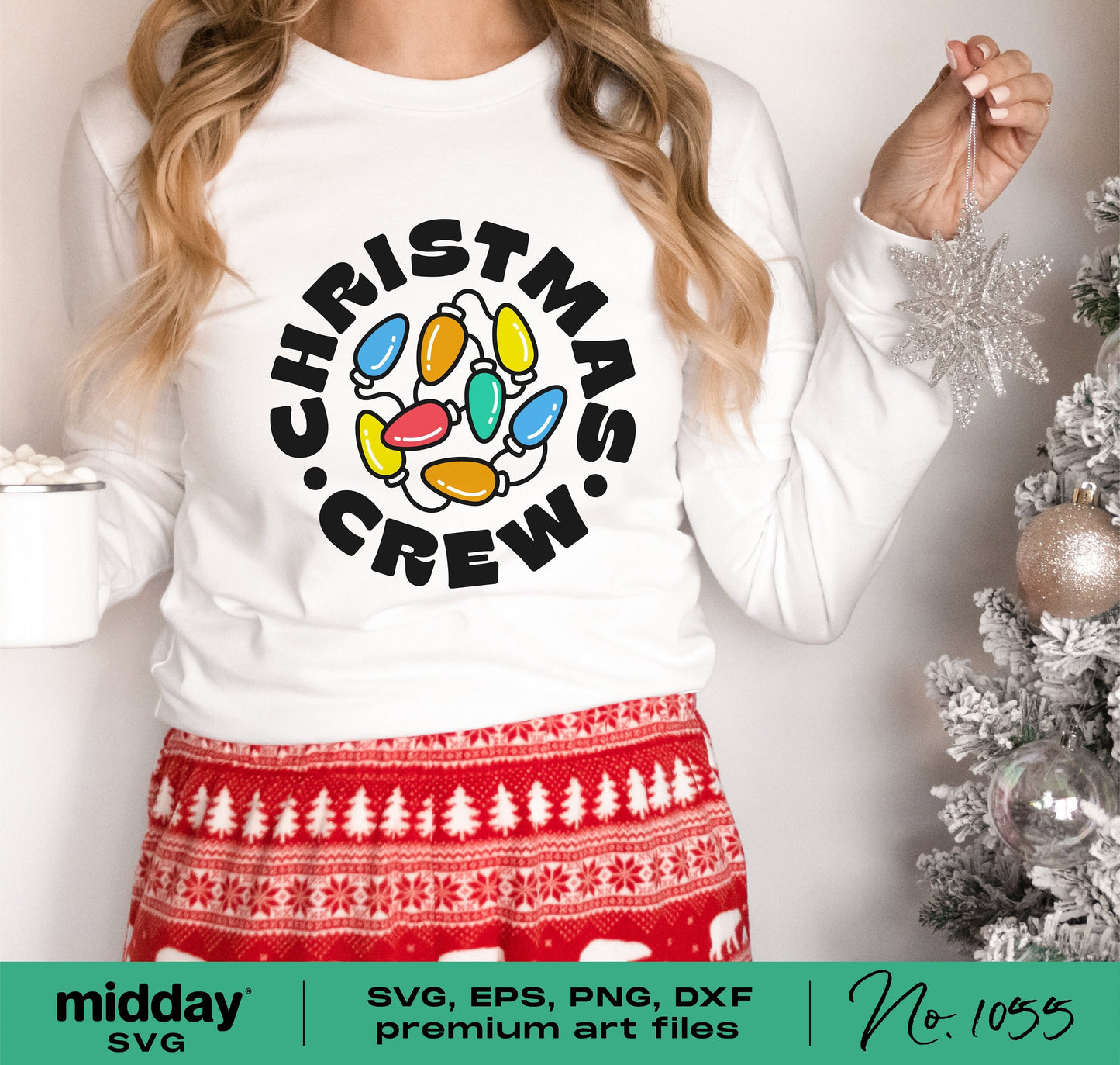 Woman wearing Christmas Crew shirt with retro Christmas lights design, suitable for Cricut and Silhouette, ideal for family Christmas shirts.