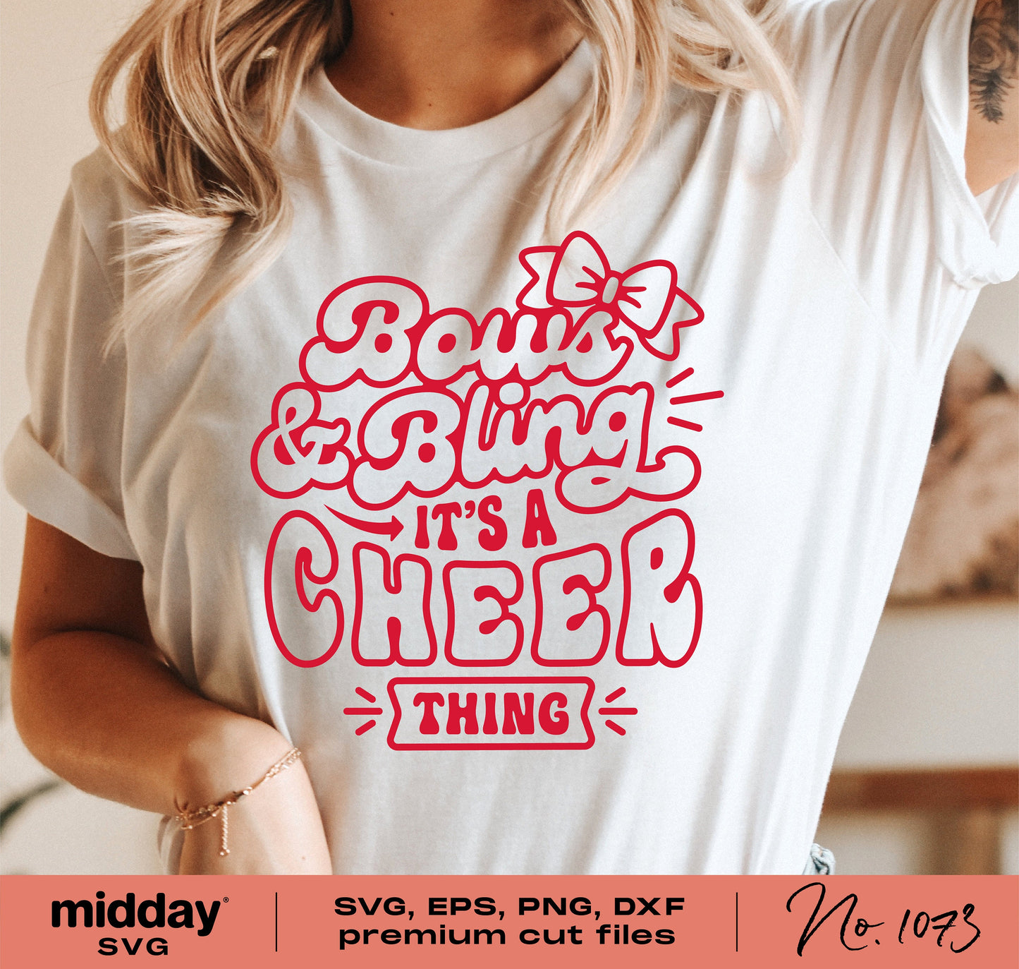 White shirt featuring 'Bows and Bling, It's a Cheer Thing' design in red, perfect for cheerleading shirts, available in SVG, EPS, PNG, DXF.
