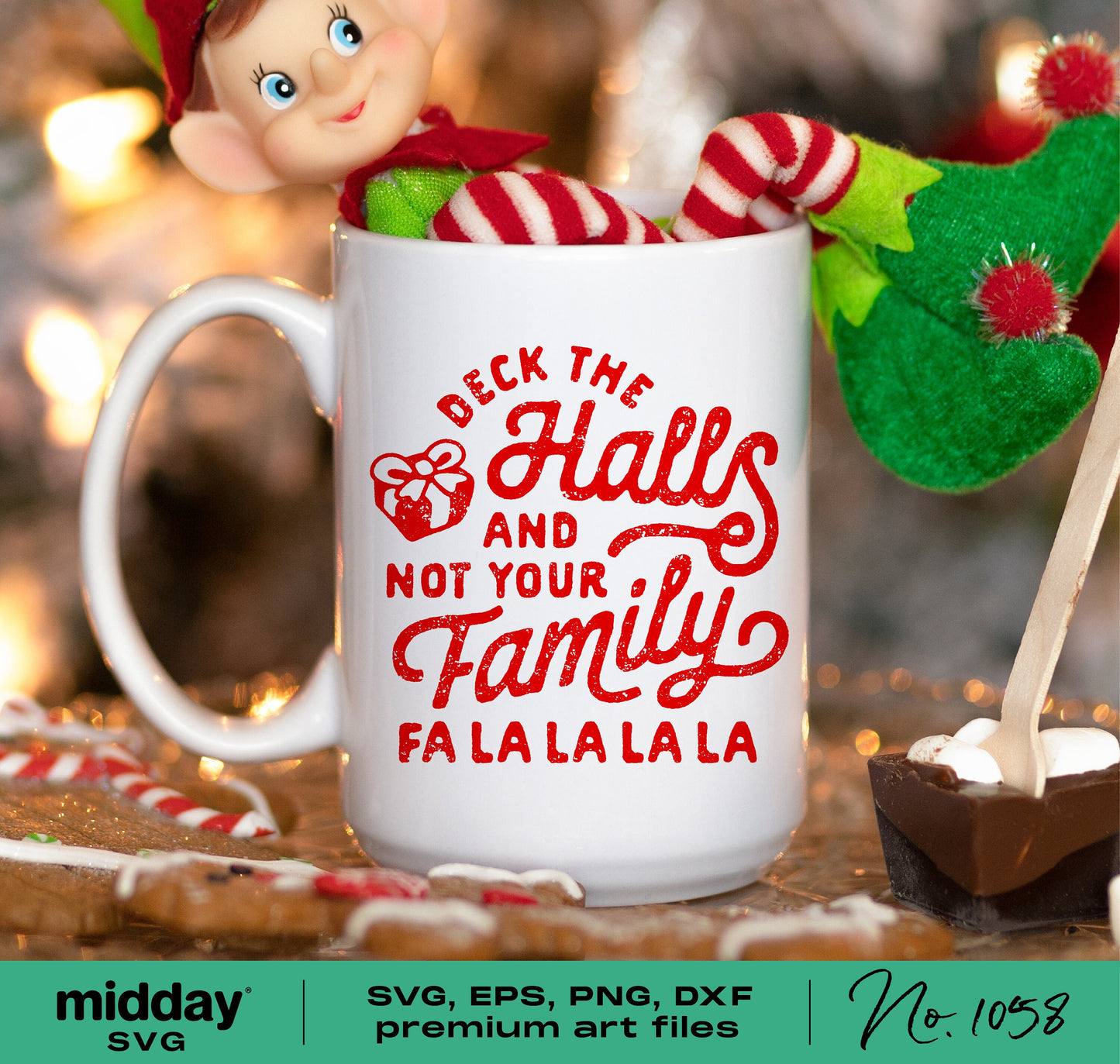Funny Christmas mug with 'Deck The Halls and Not Your Family' text, surrounded by festive decorations, perfect for sublimation crafts.