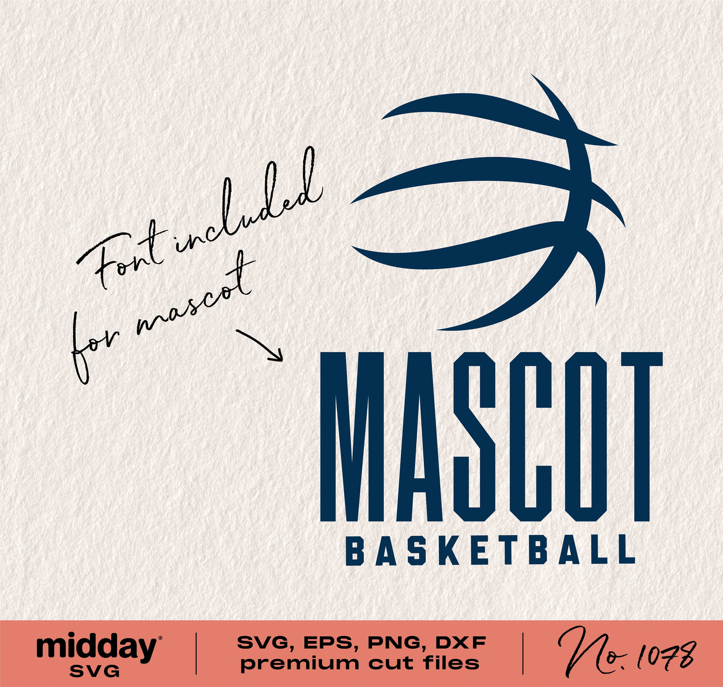 Mascot basketball SVG design with included font, available in SVG, EPS, PNG, and DXF formats for Cricut and Silhouette.