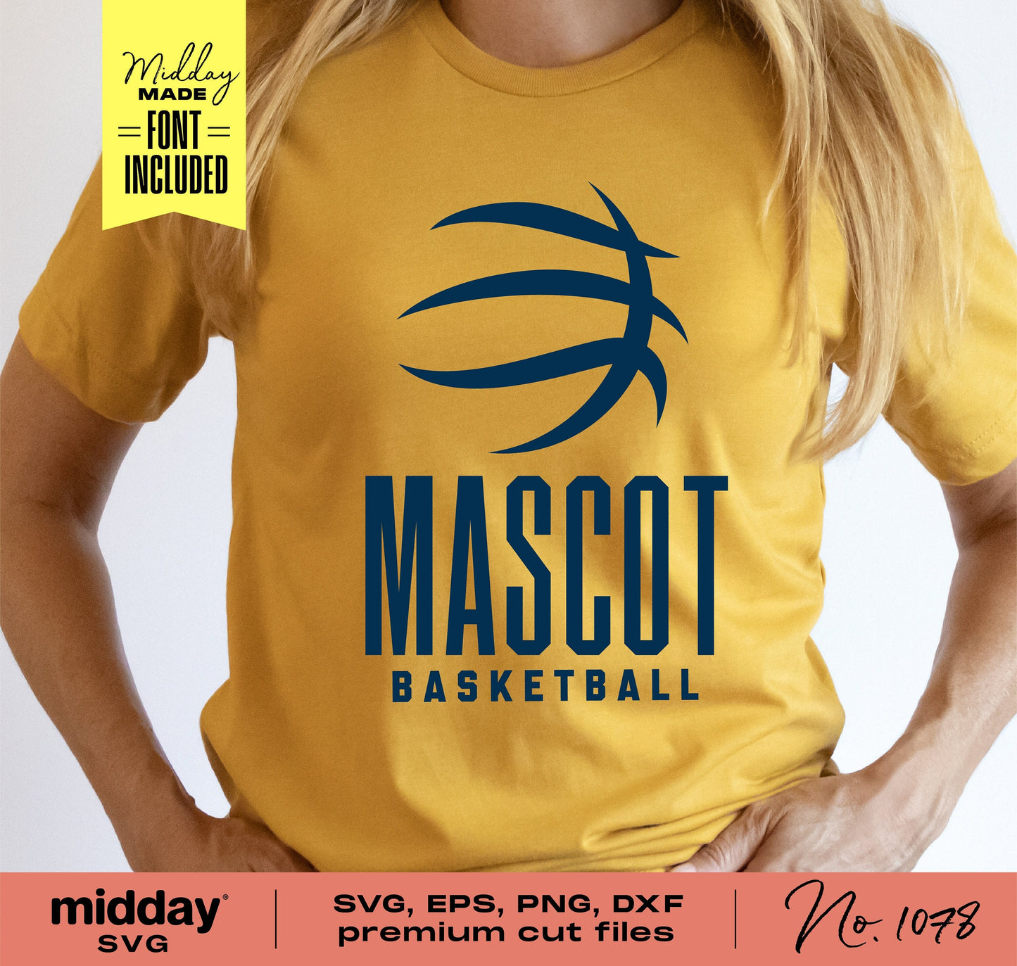 Woman wearing yellow shirt with 'Mascot Basketball' logo, available in SVG, PNG, EPS, DXF formats for Cricut and Silhouette use.