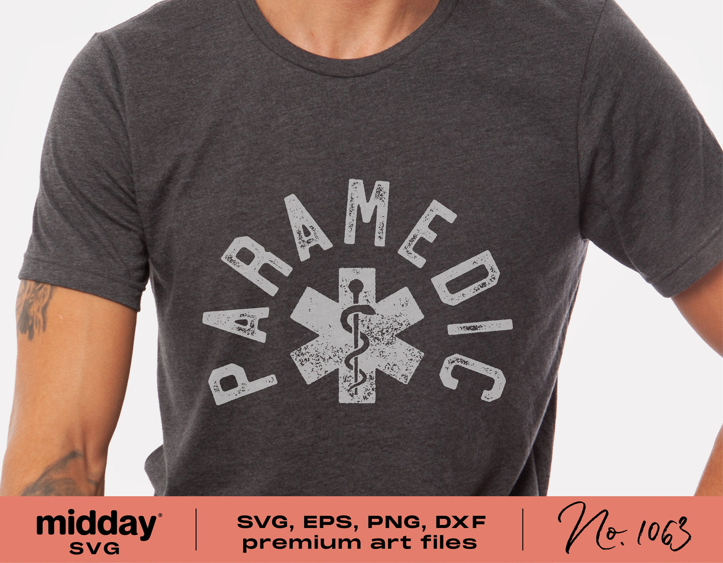 Paramedic SVG design on a dark t-shirt, available in SVG, PNG, DXF, and EPS formats for Cricut and sublimation projects.