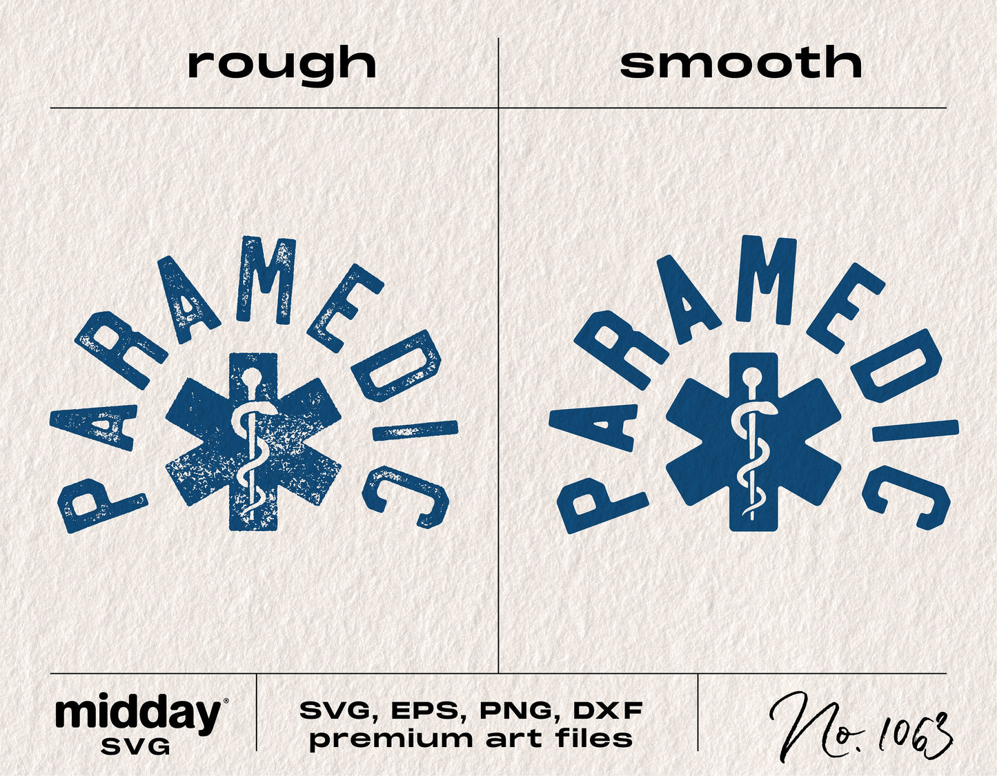 Paramedic SVG design preview with rough and smooth text styles, including SVG, EPS, PNG, DXF formats for Cricut and Silhouette crafts.