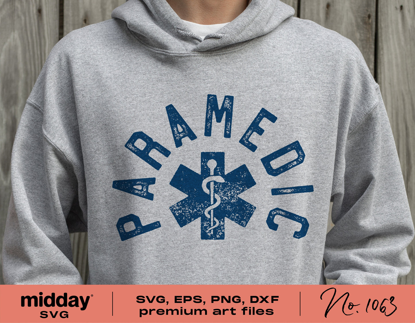 Gray hoodie featuring a vintage-style paramedic design in blue, available in SVG, PNG, DXF, EPS formats for Cricut crafting.