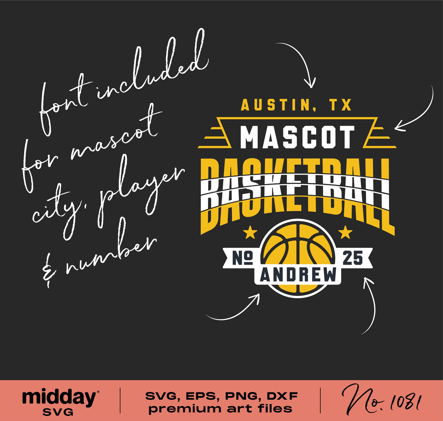 Custom basketball team SVG design template with editable text for mascot, player number, and city, perfect for Cricut and Silhouette.
