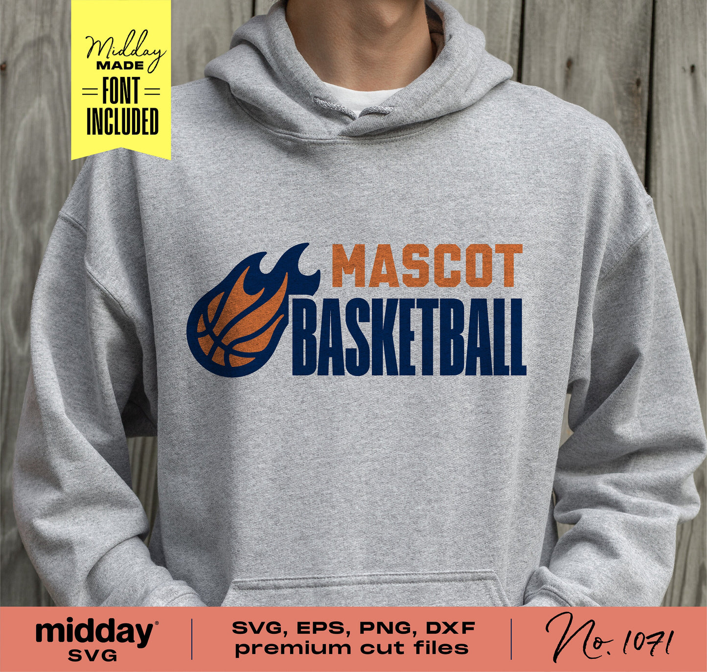 Gray hoodie featuring a flaming basketball design and the word 'Mascot Basketball'. DIY SVG, PNG, DXF files for Cricut and Silhouette.