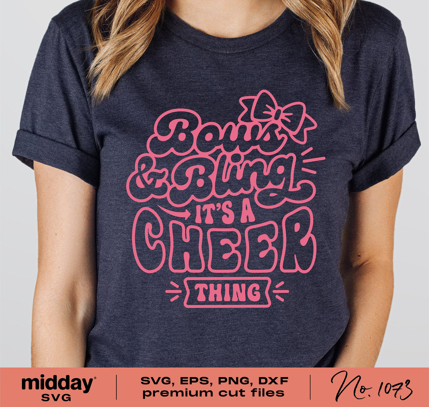 "Bows and Bling" funny cheer design on t-shirt, includes SVG, PNG, DXF, EPS formats for Cricut, Silhouette crafting.