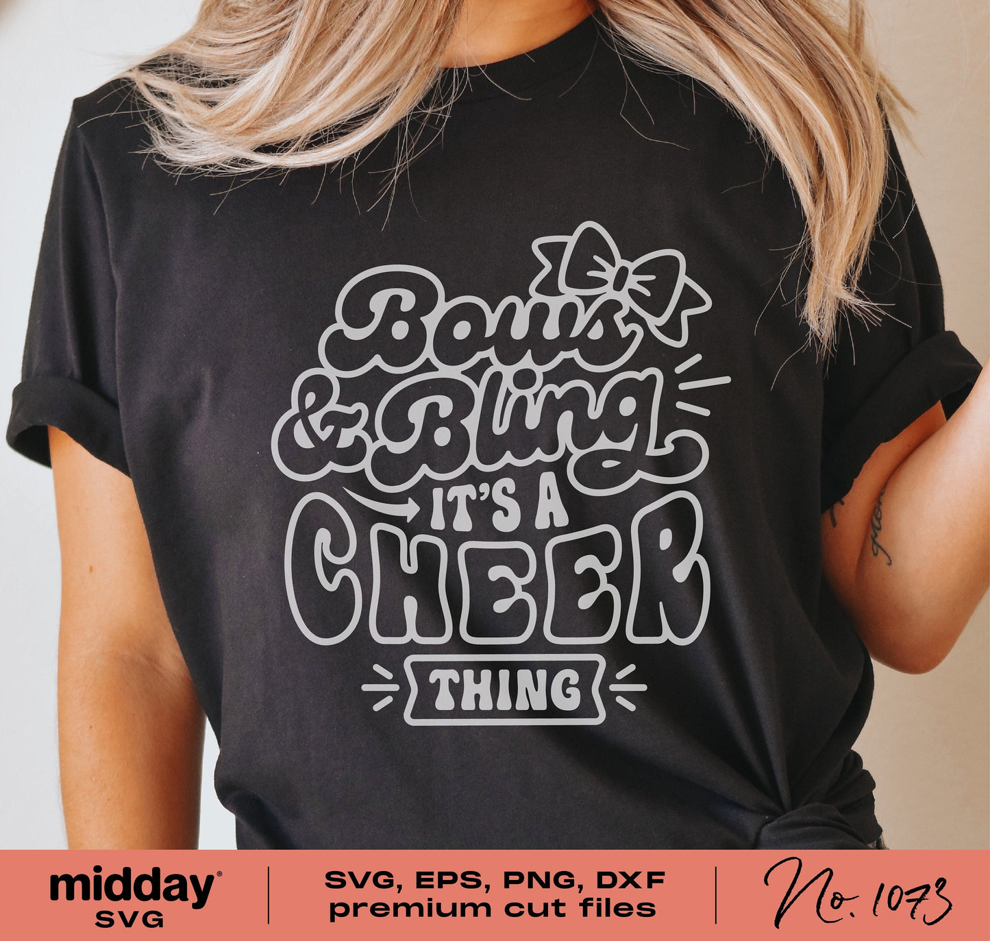 "Bows and Bling It's a Cheer Thing" design on black shirt, suitable for cheerleading gear, available in SVG, PNG, DXF, and EPS formats.