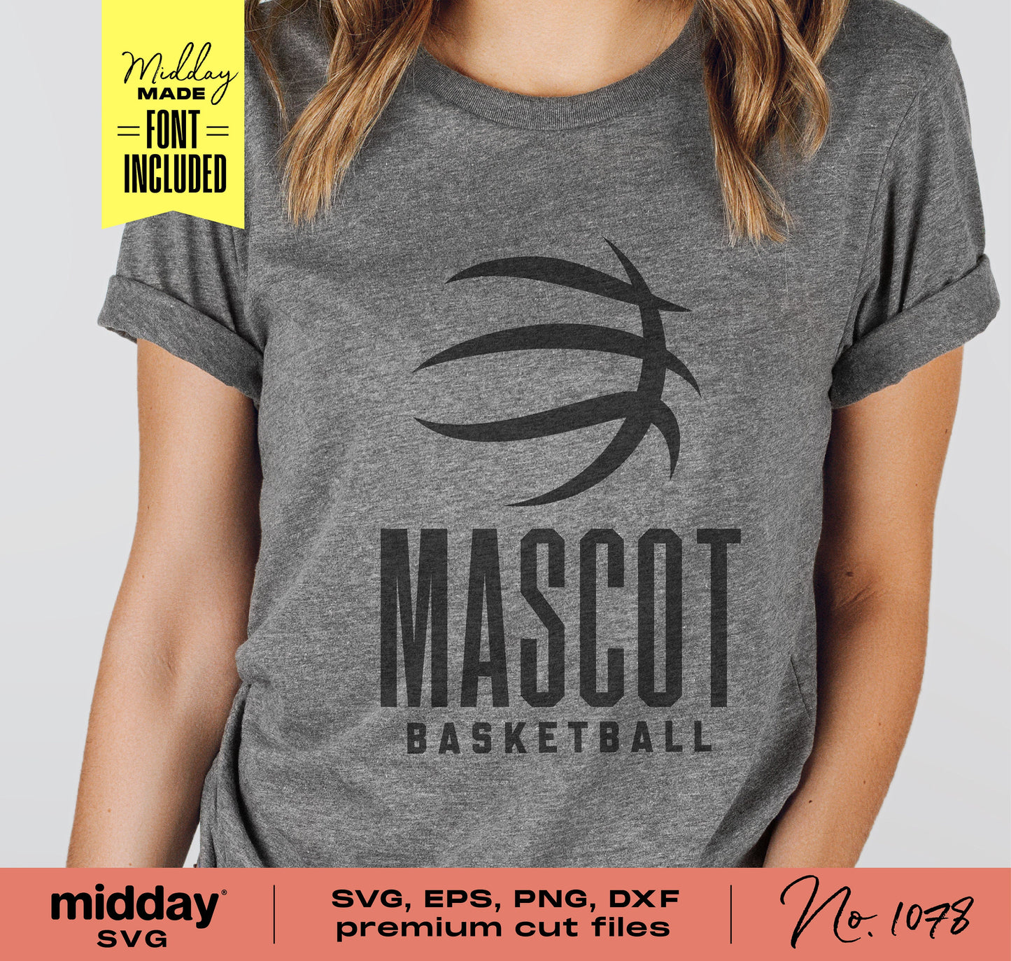 Gray t-shirt featuring a basketball logo with 'Mascot Basketball' design, ideal for SVG, EPS, PNG, and DXF file projects.