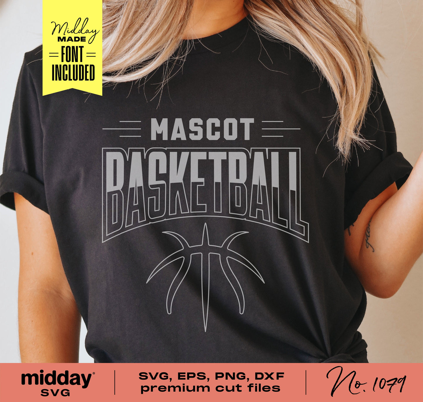 Woman wearing a black t-shirt with 'Mascot Basketball' design, suitable for Cricut and Silhouette using SVG, EPS, PNG, DXF formats.
