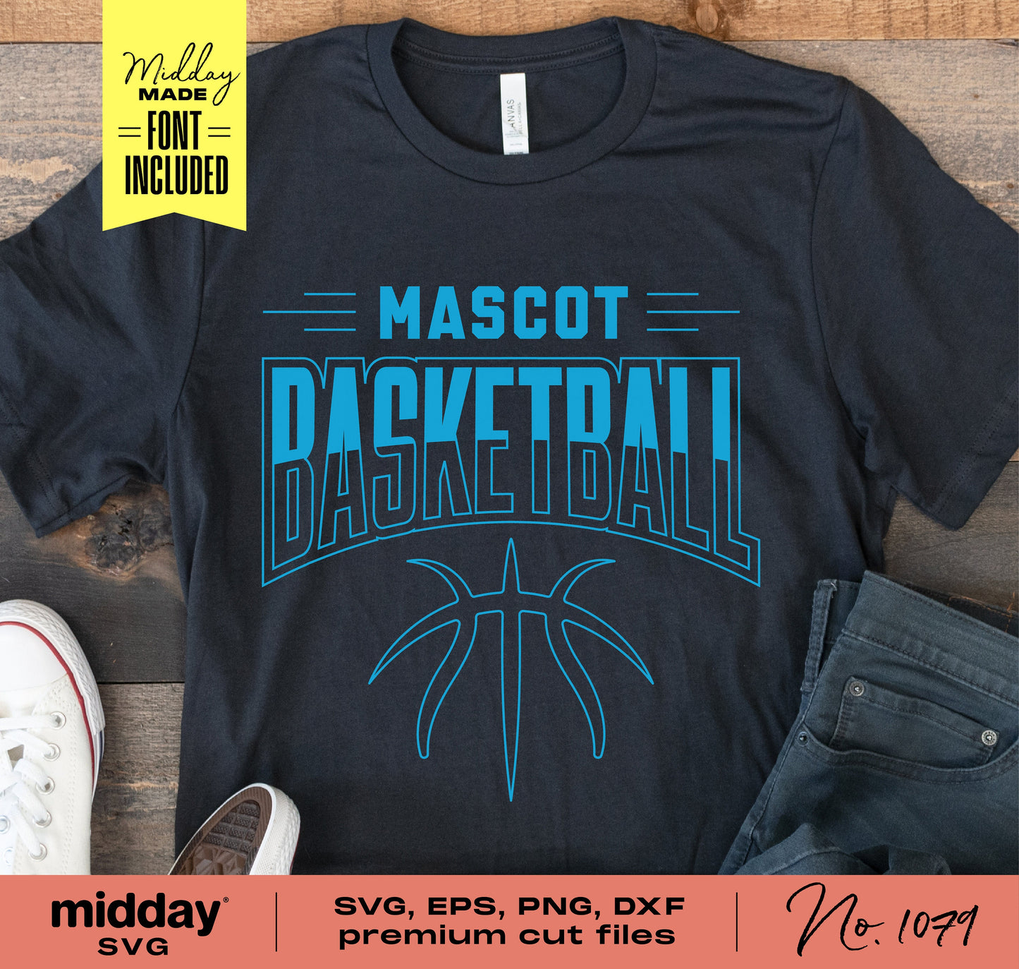 Custom basketball team shirt with 'Mascot Basketball' design in SVG, PNG, DXF, EPS formats for Cricut and Silhouette projects.