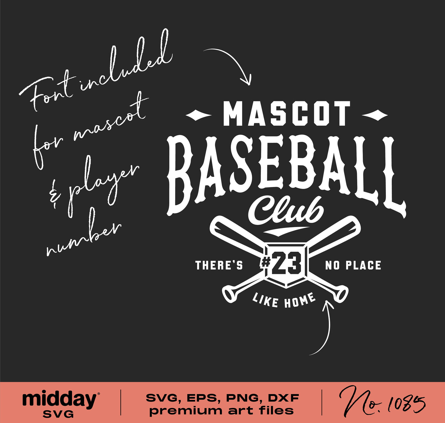 Customizable baseball team SVG with font included for mascot and player number, featuring "There's No Place Like Home" quote on home plate design.