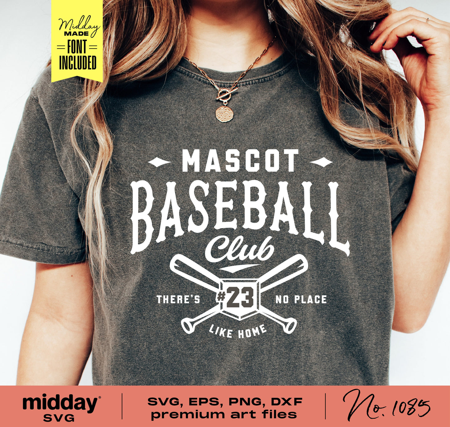 Woman wearing 'Mascot Baseball Club' shirt with crossed bats and number 23 design, ideal for baseball mom or dad, Cricut cut file.