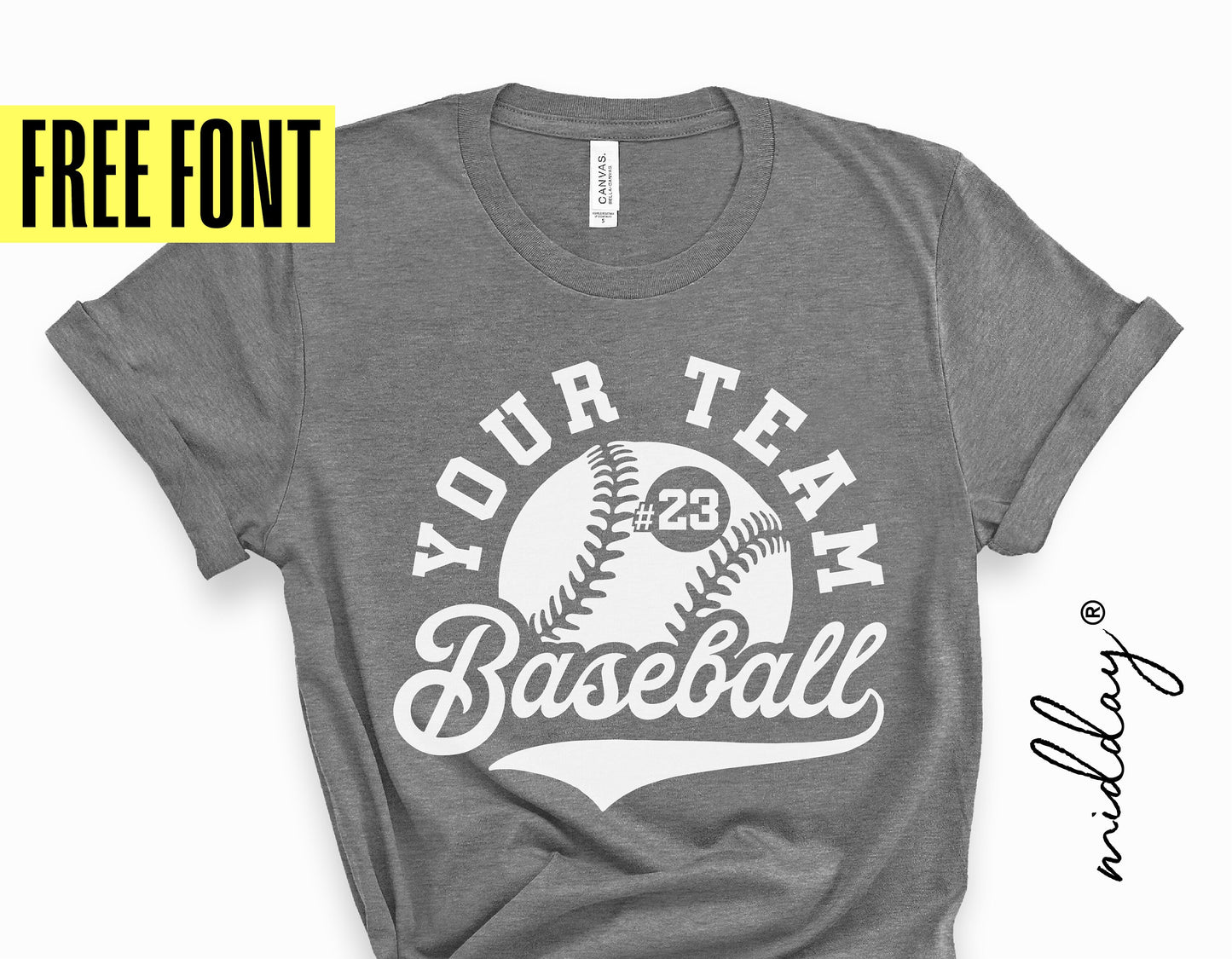 Gray baseball team shirt with customizable logo, "Your Team Baseball," for Cricut and sublimation projects. Includes free font.