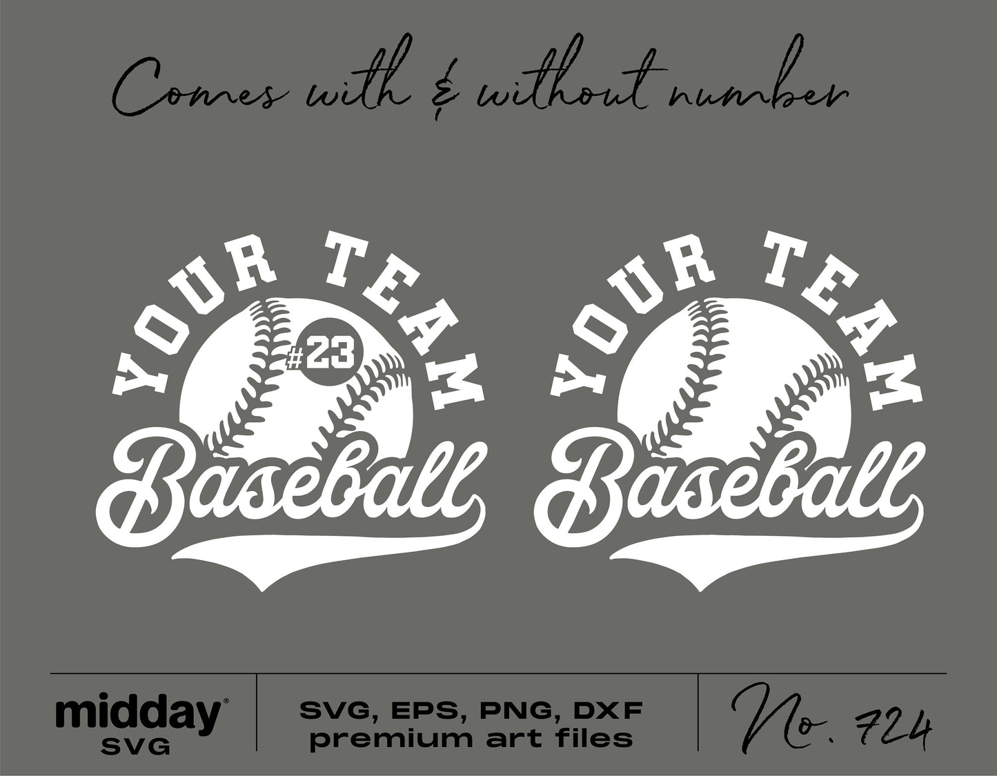 Baseball team logo SVG template with and without number for Cricut, featuring a baseball design for shirts and sublimation projects.