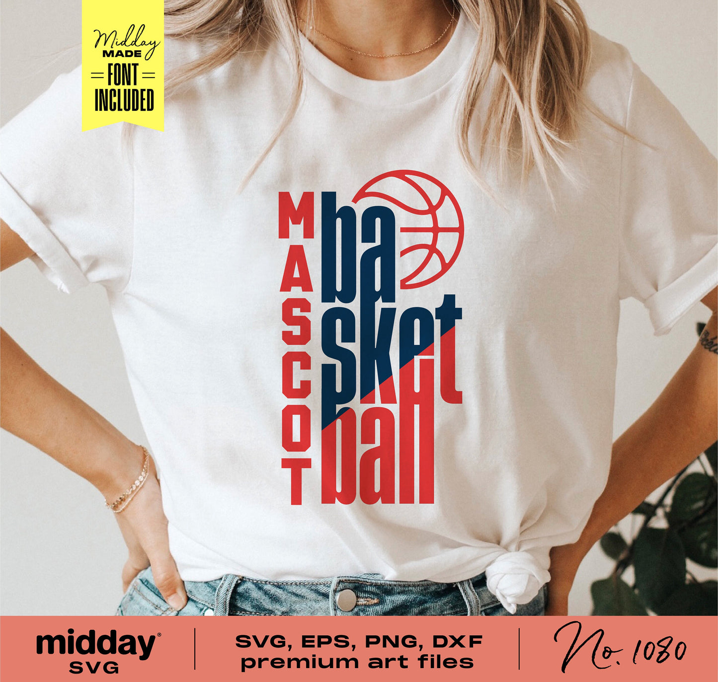 Basketball team t-shirt with mascot logo in SVG, PNG, DXF, EPS formats for Cricut and Silhouette, featuring bold text design.