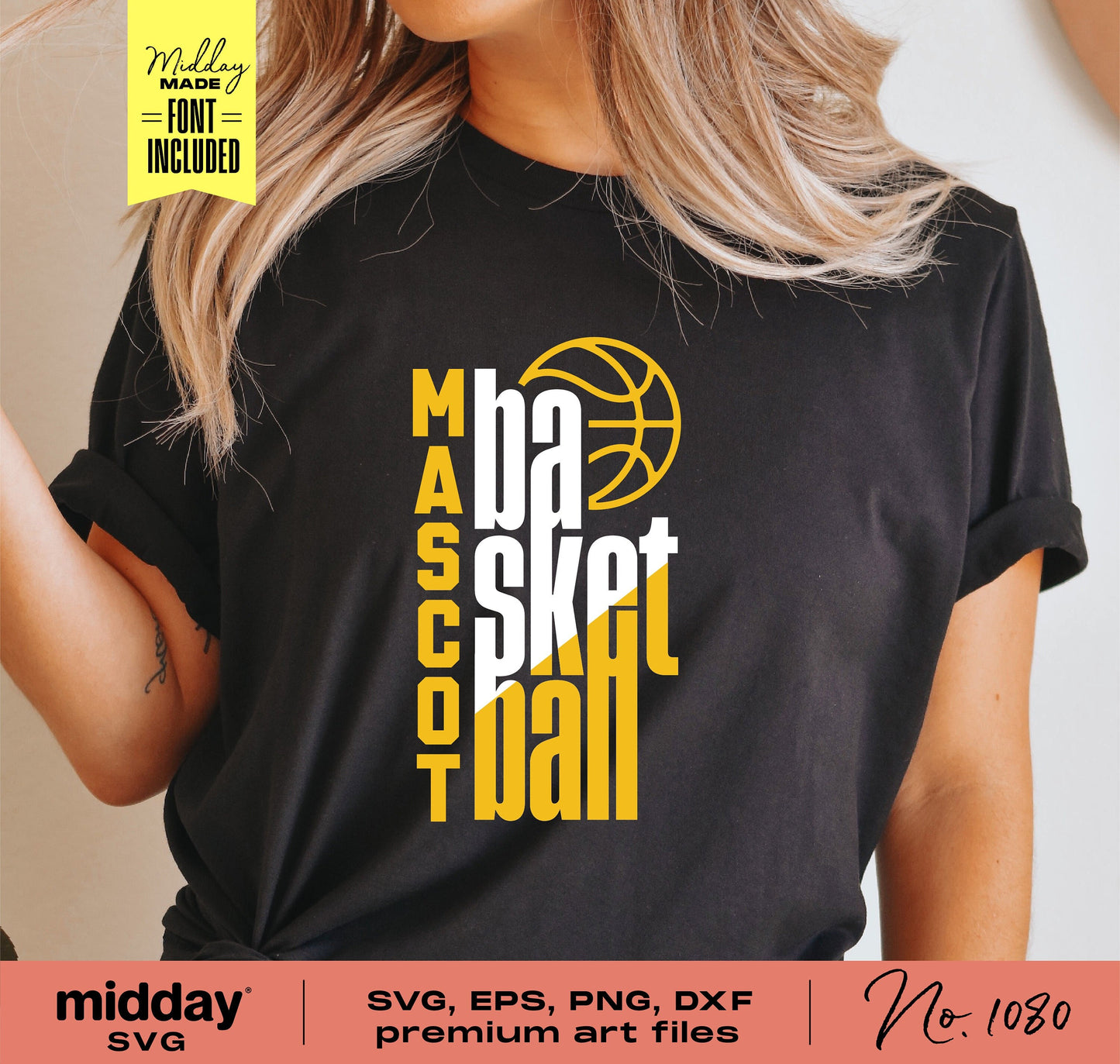 Basketball Team Template on black shirt, including SVG, EPS, PNG, and DXF files, featuring bold text and basketball graphic for Cricut and Silhouette.