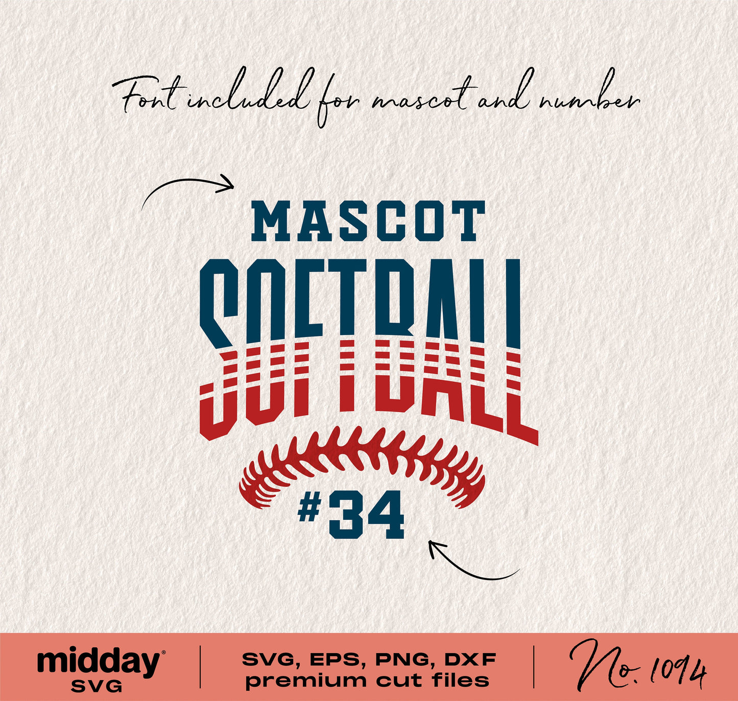 Softball SVG design with "Mascot Softball #34" for Cricut, includes font for customization, in SVG, EPS, PNG, DXF formats.