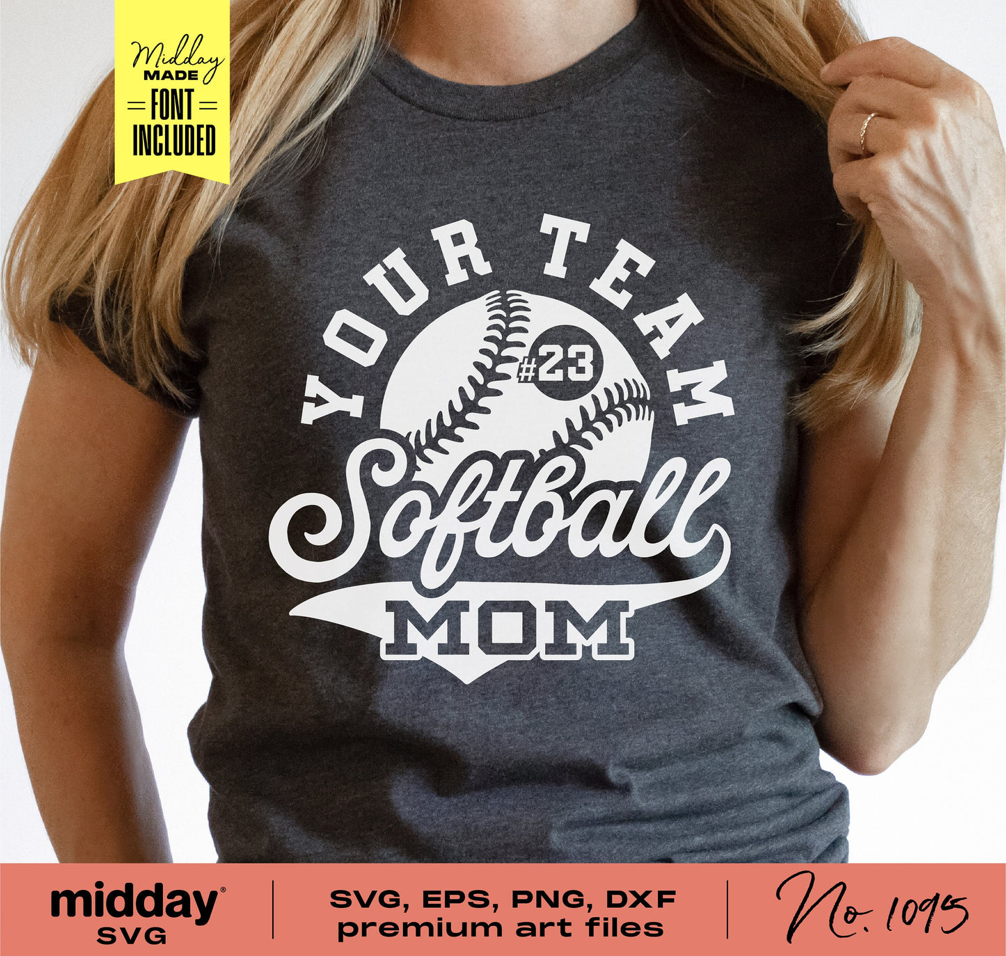 Woman wearing a Softball Mom shirt with customizable design, ideal for Cricut, Silhouette, and sublimation projects, featuring SVG, PNG, DXF formats.