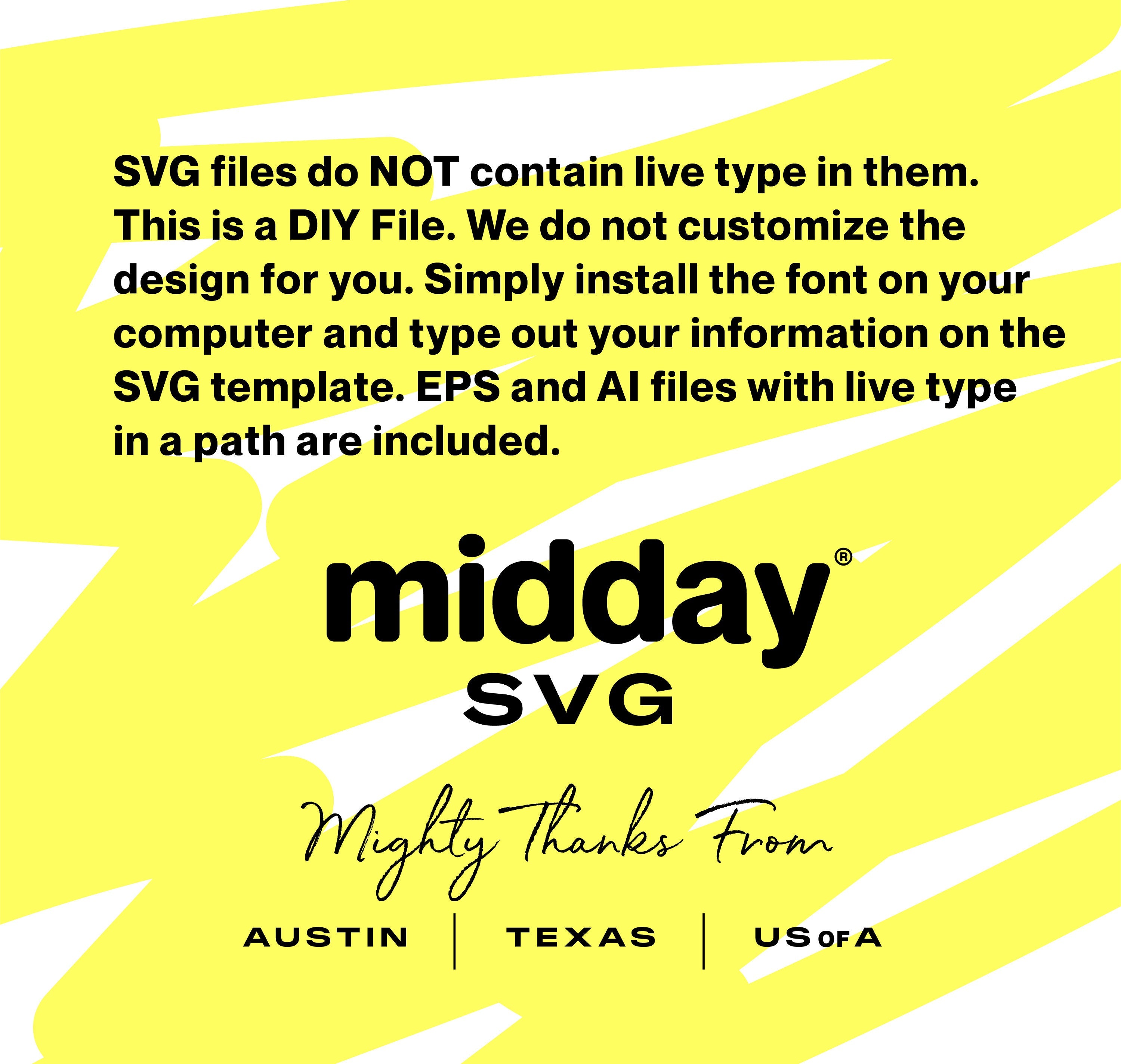Informational graphic explaining midday SVG, a DIY design file with path-based live text options for Austin, Texas, USA.