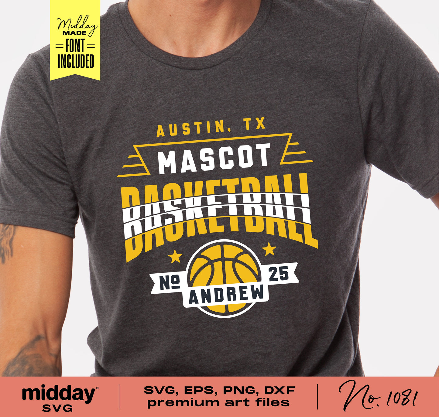 Basketball team shirt design template with customizable SVG, PNG, DXF files, featuring team logo, player number, and name for DIY crafting.