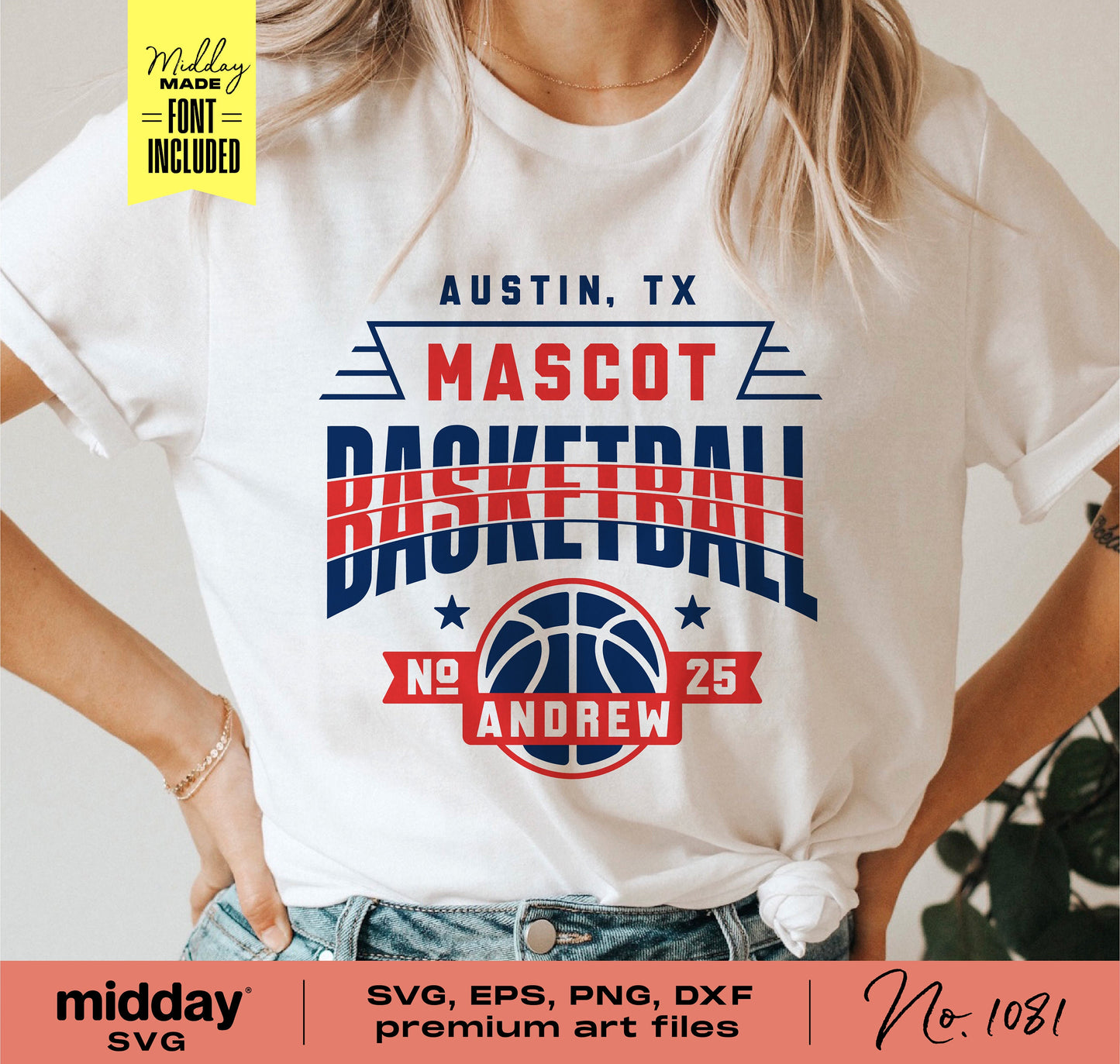 Woman wearing custom basketball team shirt with Austin, TX mascot design, perfect for Cricut and Silhouette projects. DIY template included.