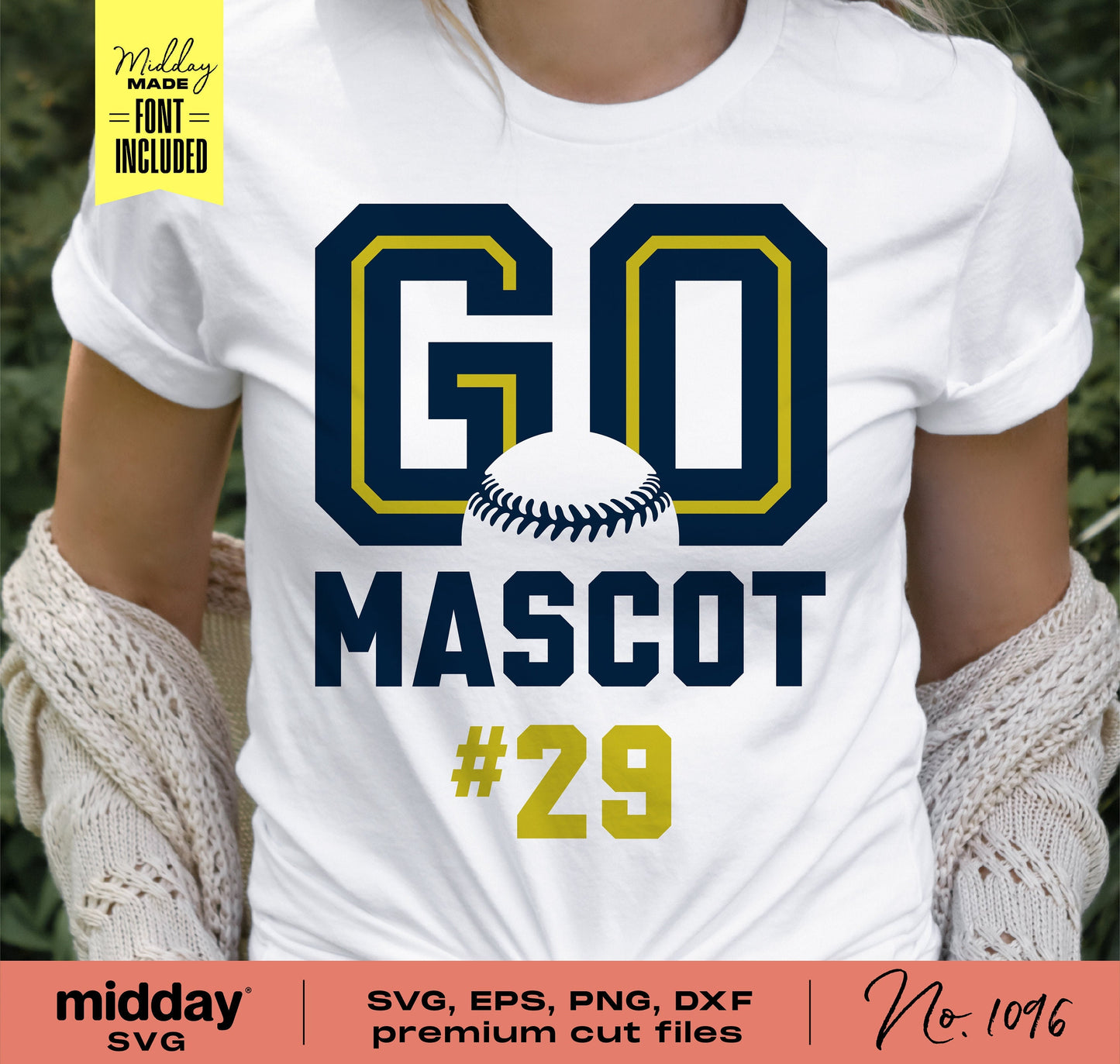 Person wearing a white t-shirt with 'Go Mascot #29' design for softball team support; includes fonts and premium SVG, EPS, PNG, DXF files.