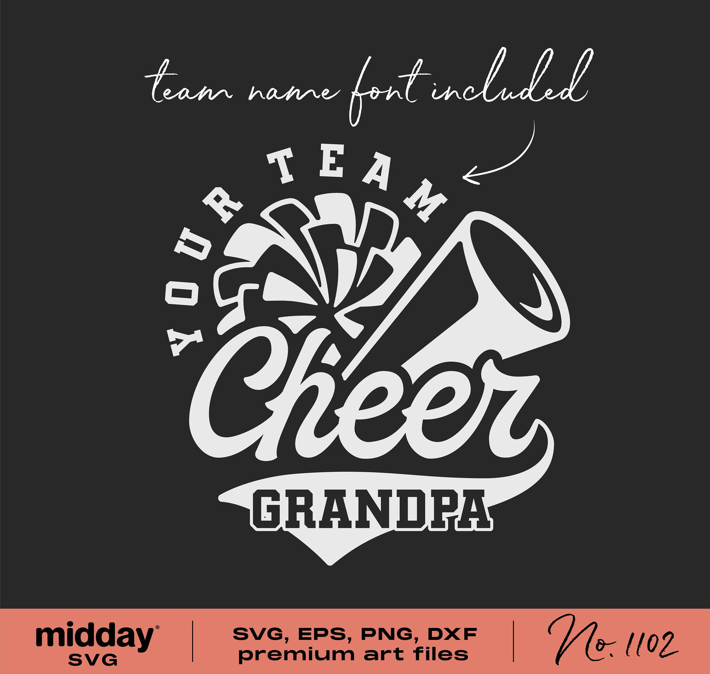 Cheer Grandpa SVG design featuring cheer megaphone and pom-poms with customizable team name font, ideal for Cricut and Silhouette projects.