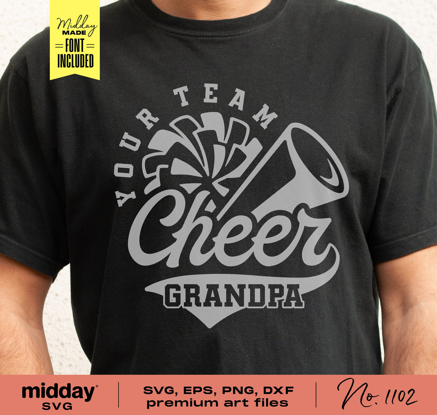 Black T-shirt featuring 'Cheer Grandpa' design with cheer megaphone and pom-pom graphic, ideal for family cheer gear and DIY projects.