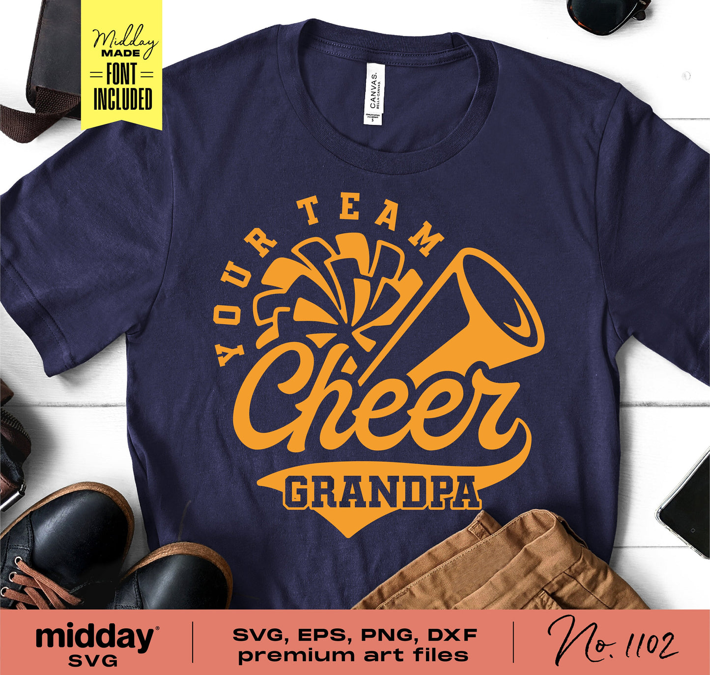 Navy t-shirt with 'Your Team Cheer Grandpa' SVG design, ideal for Cricut and Silhouette projects, shown with SVG, EPS, PNG, DXF options.