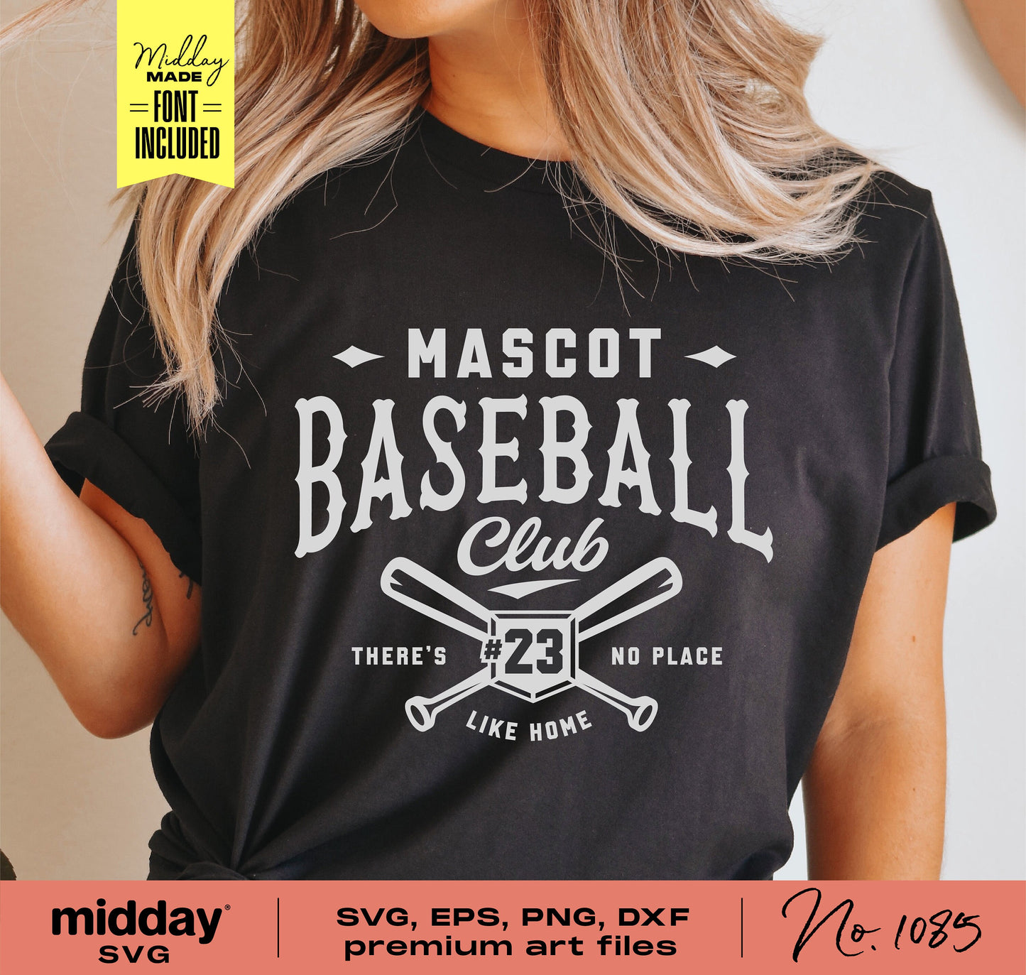 Person wearing a custom baseball club t-shirt with SVG, EPS, PNG, DXF files option, includes font for DIY shirt design.