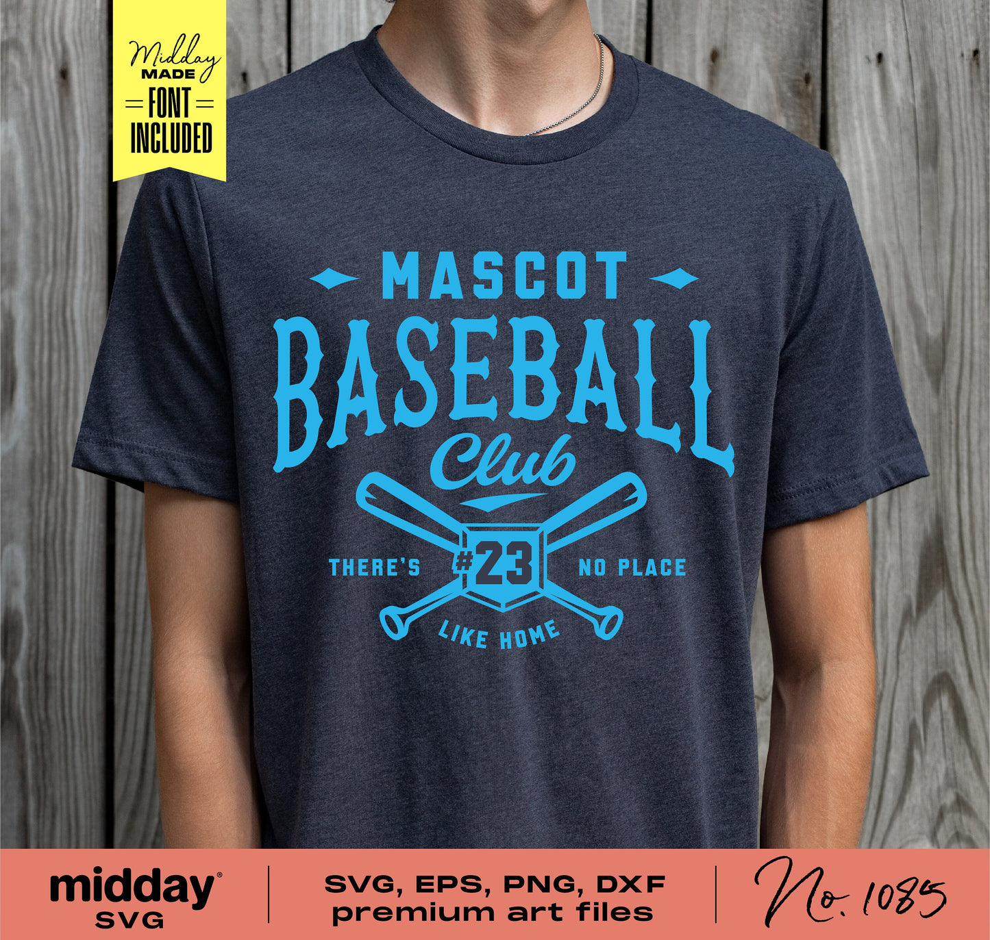 Customizable baseball team shirt with "Mascot Baseball Club" design featuring crossed bats and "There's No Place Like Home" slogan.