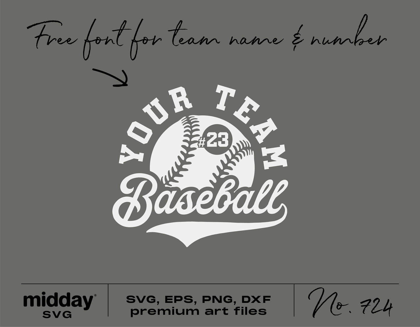 Customizable baseball team logo SVG template for shirts and tumblers, includes free font for team name and number, DIY design file.