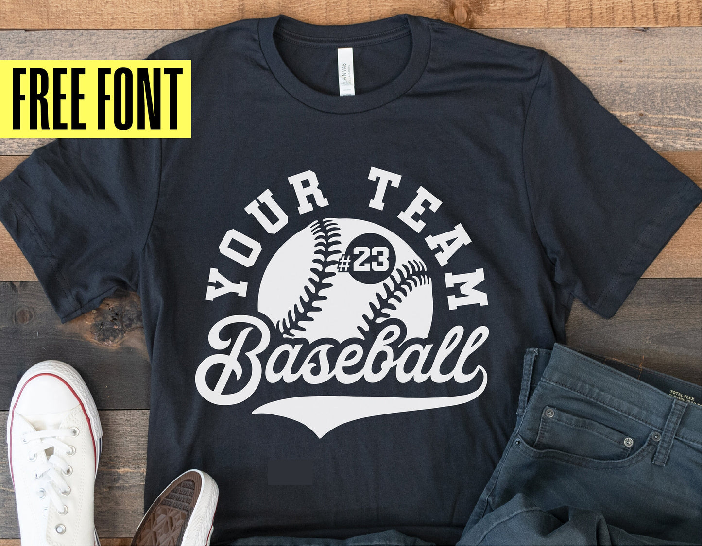 Customizable baseball team shirt with free font, featuring baseball graphics; perfect for Cricut, silhouette, and sublimation projects.
