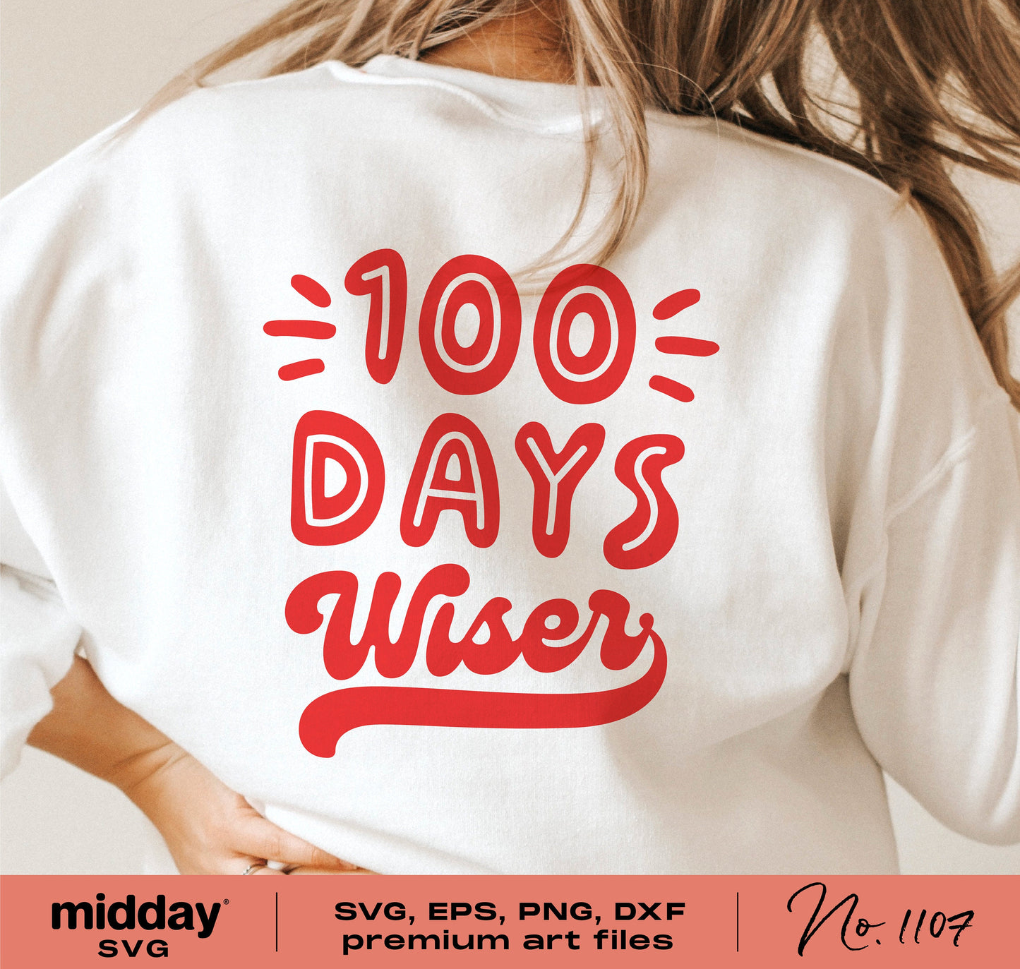 Person wearing a white shirt with red '100 Days Wiser' text, suitable for students and teachers celebrating 100 days of school.