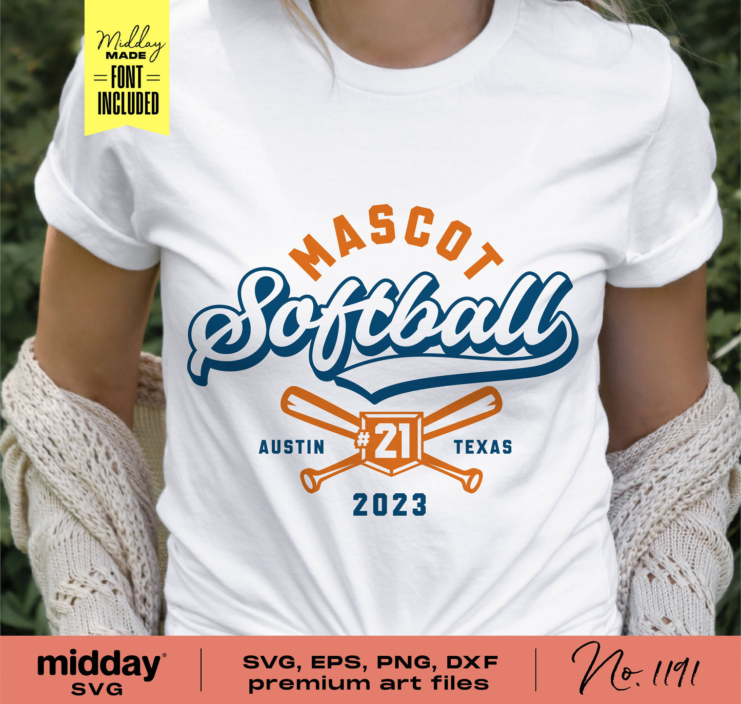 Person wearing a custom softball team shirt with Mascot logo and design template, includes SVG, PNG, DXF, EPS files for Cricut and Silhouette.