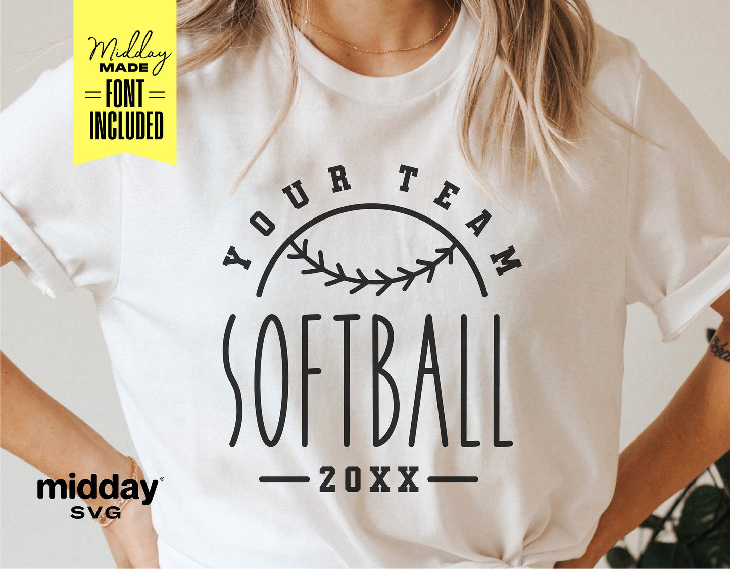 White t-shirt displaying customizable softball team SVG design with "Your Team" and "SOFTBALL 20XX" text, suitable for Cricut and Silhouette.
