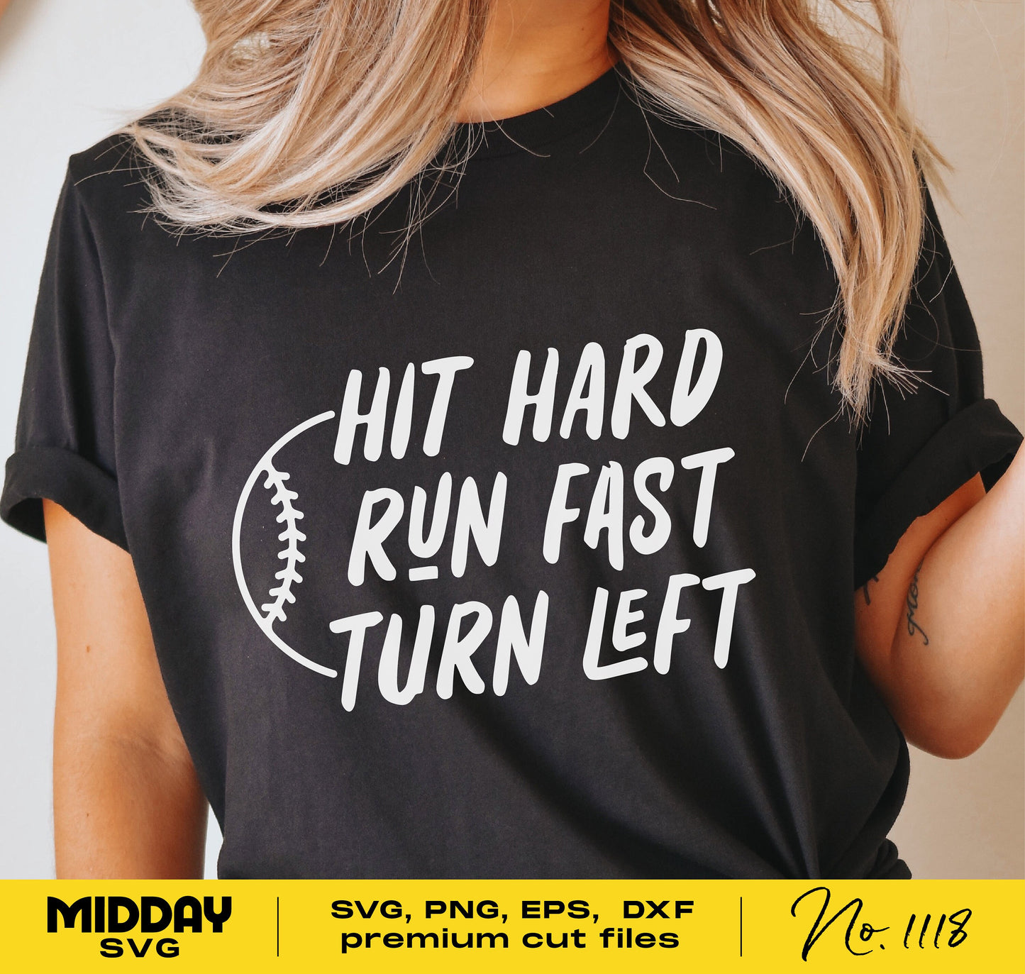 Person wearing black shirt with 'Hit Hard, Run Fast, Turn Left' text design, suitable for baseball dads and coaches, Cricut cut file.