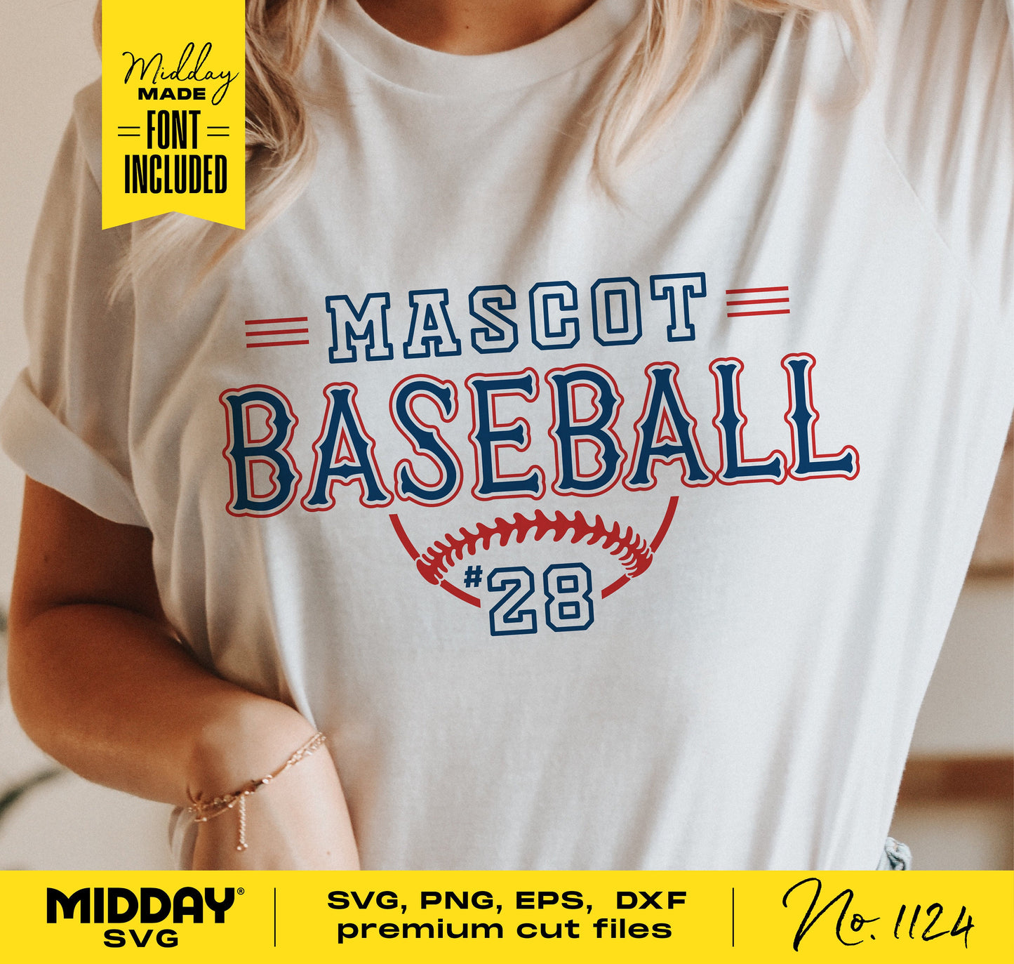 Baseball team shirt featuring 'Mascot Baseball' design with font and number 28 included, available in SVG, PNG, EPS, DXF formats.