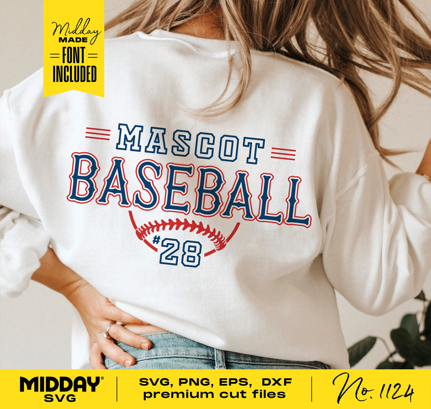 Person wearing a shirt with 'Mascot Baseball #28' design, showcasing SVG, PNG, EPS, DXF cut files for Cricut and Silhouette use.