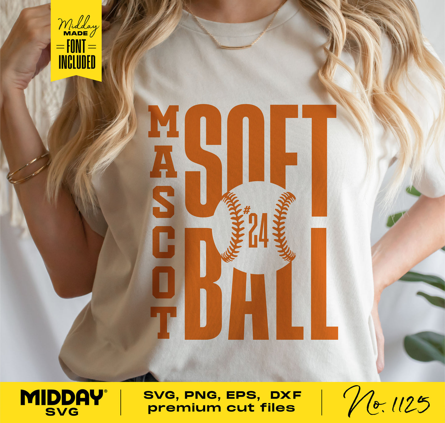 Woman wearing a shirt with a softball team design template using bold orange text. Includes Mascot, Softball, and number 24 between baseball graphics.