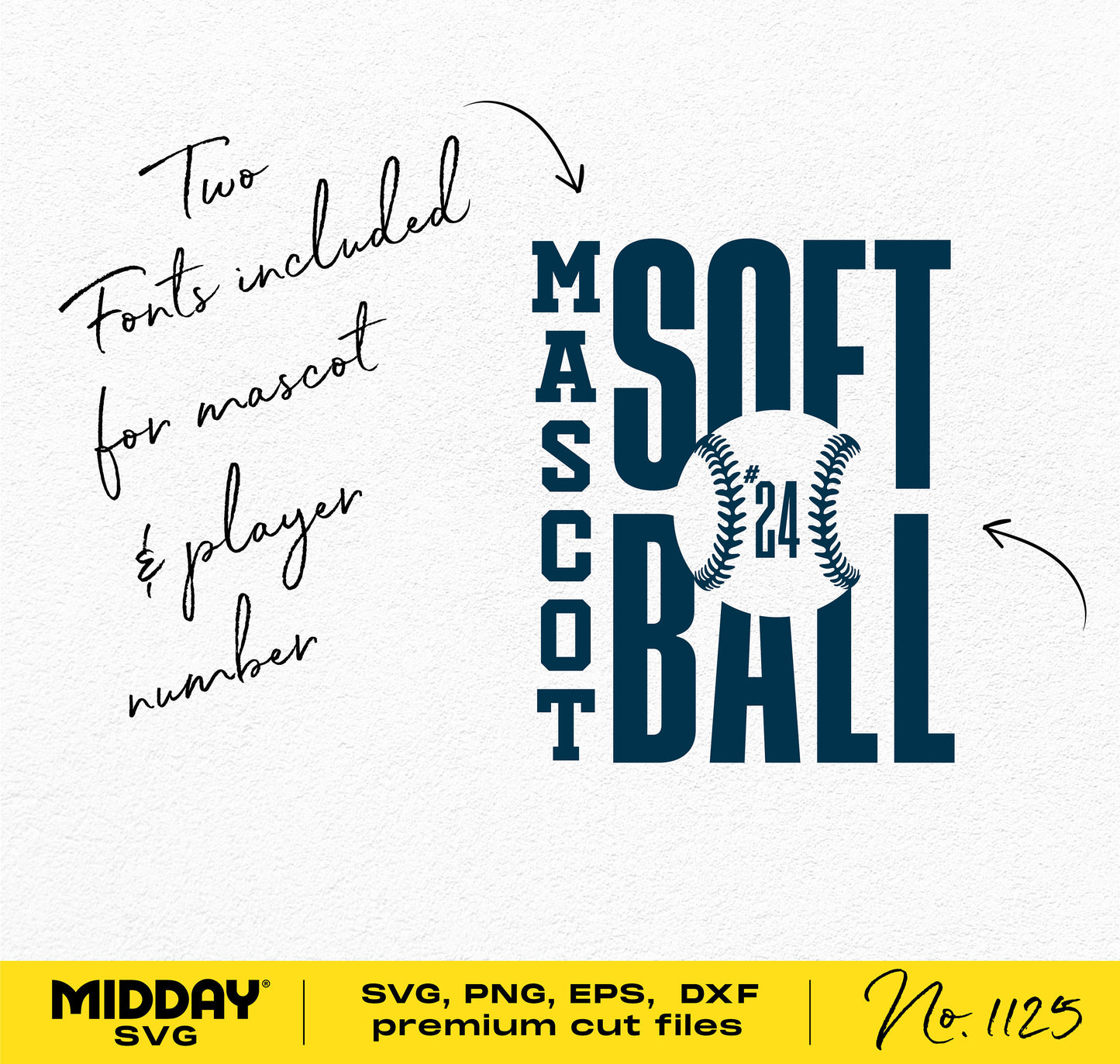 Softball team template SVG with text 'MASCOT SOFTBALL', two fonts included for mascot and player number, premium cut files available in SVG, PNG, EPS, DXF.