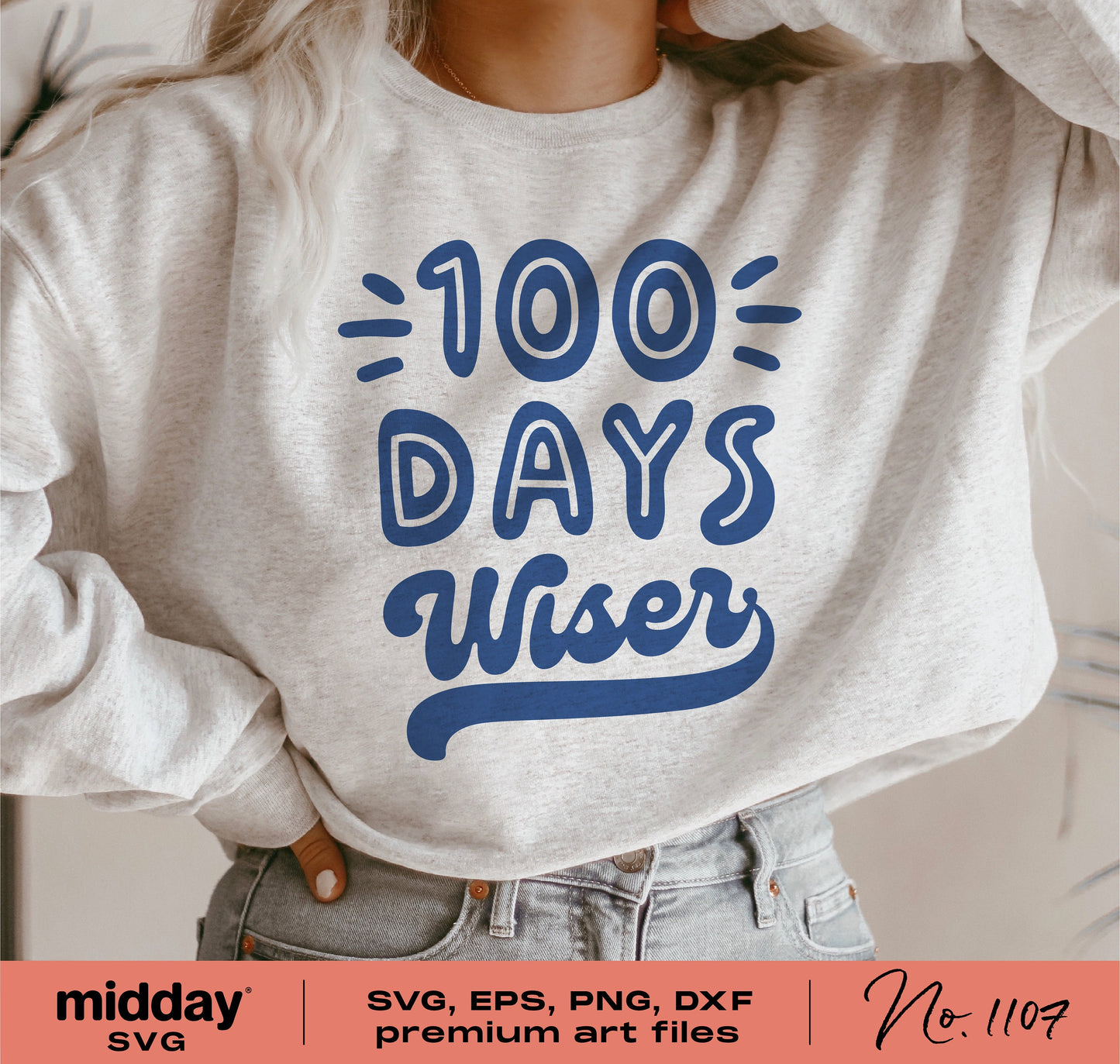 100 Days Wiser shirt design for 100th day of school, available in SVG, PNG, DXF, and EPS formats for Cricut and Silhouette.