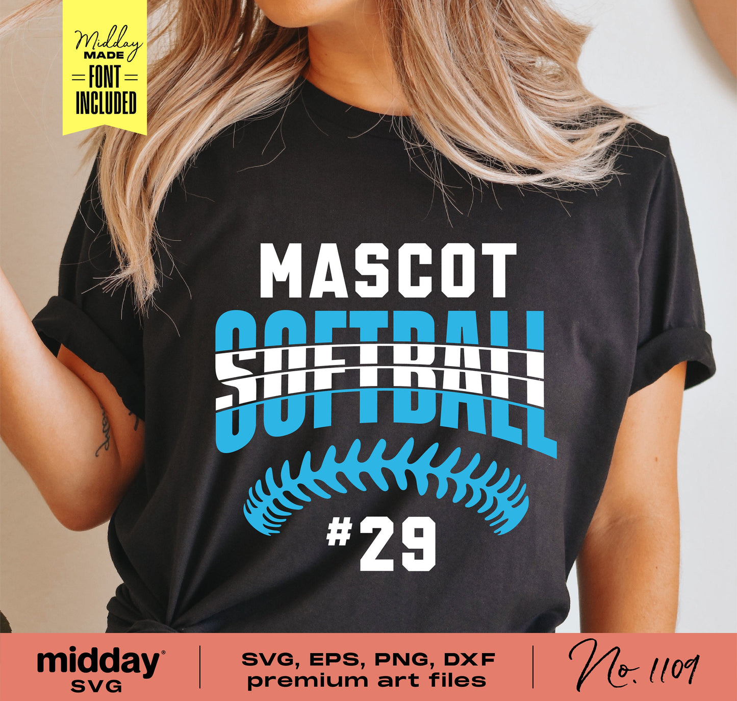 Black shirt with 'Mascot Softball #29' design in blue and white, ideal for softball team shirts. Includes SVG, EPS, PNG, DXF formats.