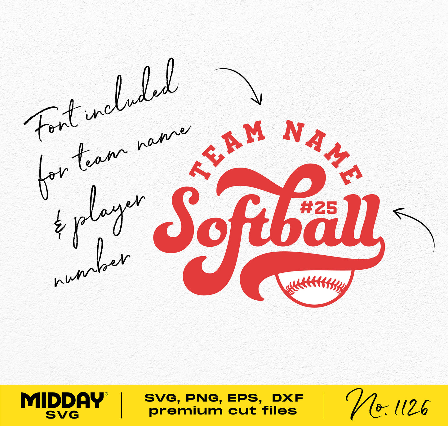 Retro softball team logo design template in red with customizable team name and player number, available in SVG, PNG, EPS, DXF formats.