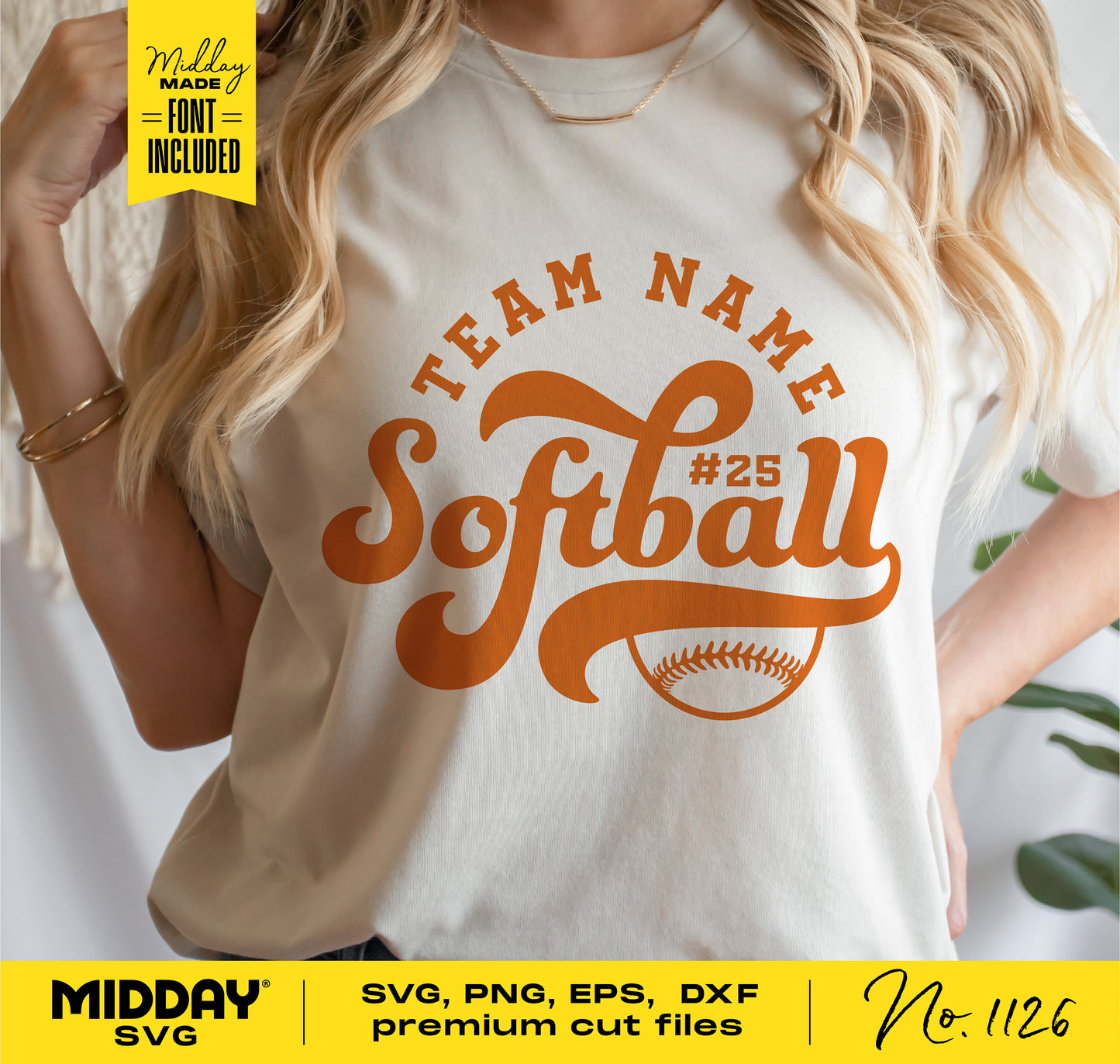 Woman wearing shirt with retro softball team design template in orange, includes SVG, PNG, EPS, DXF files for Cricut and Silhouette.