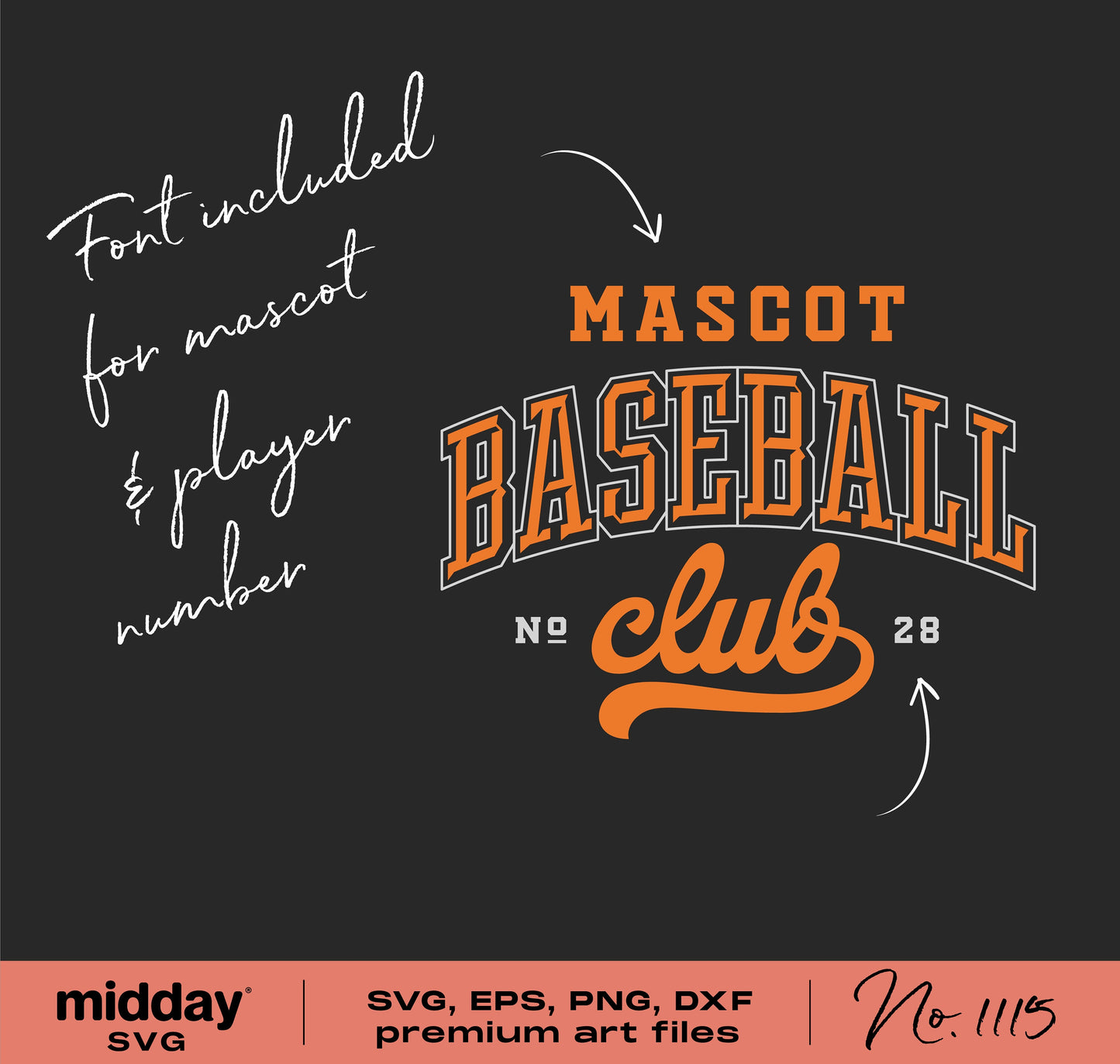 Baseball team template SVG with mascot font, player number, for Cricut, Silhouette, sublimation designs - premium art files.